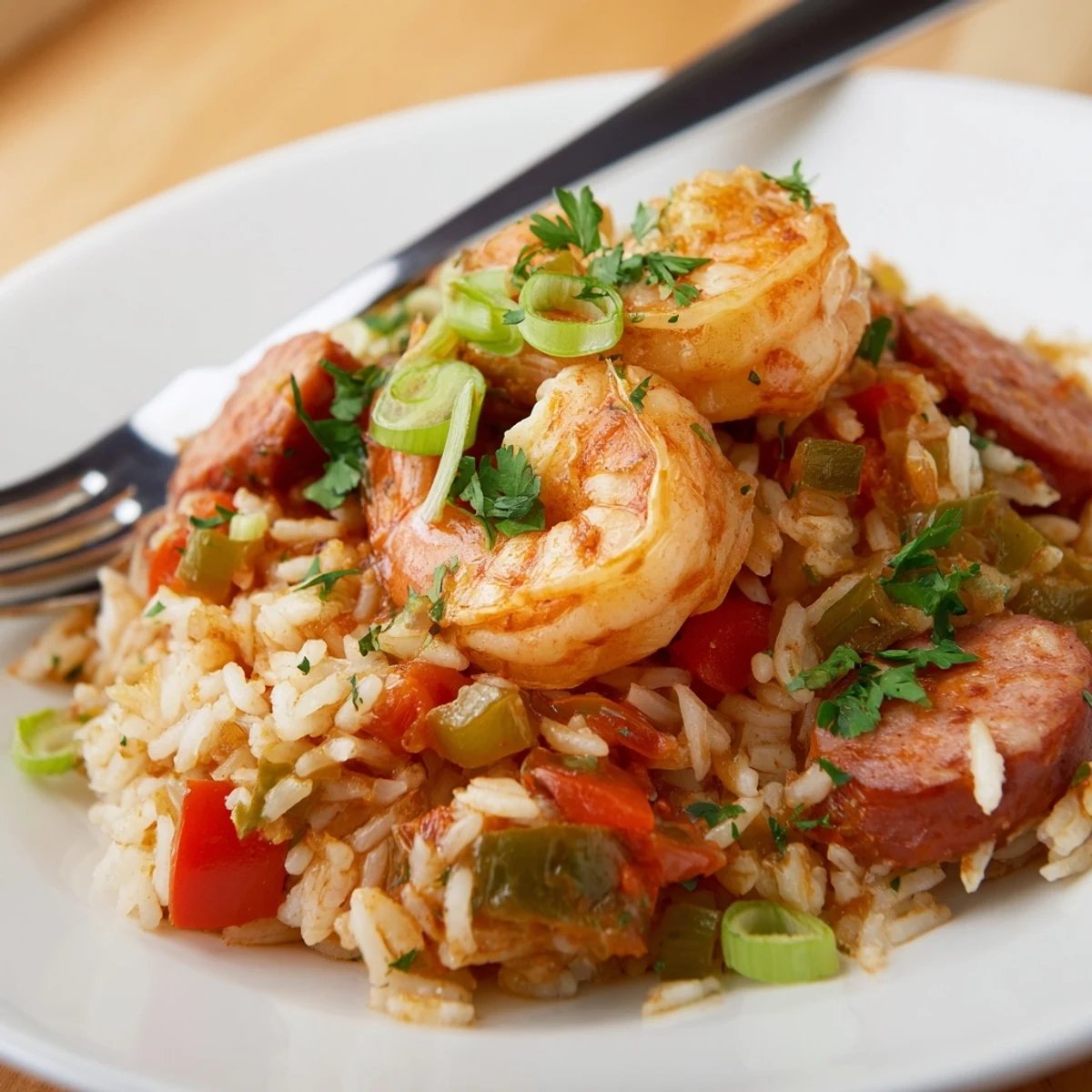 A close-up of Spicy Jambalaya with Shrimp and Turkey Sausage, garnished with fresh parsley, ready to serve.