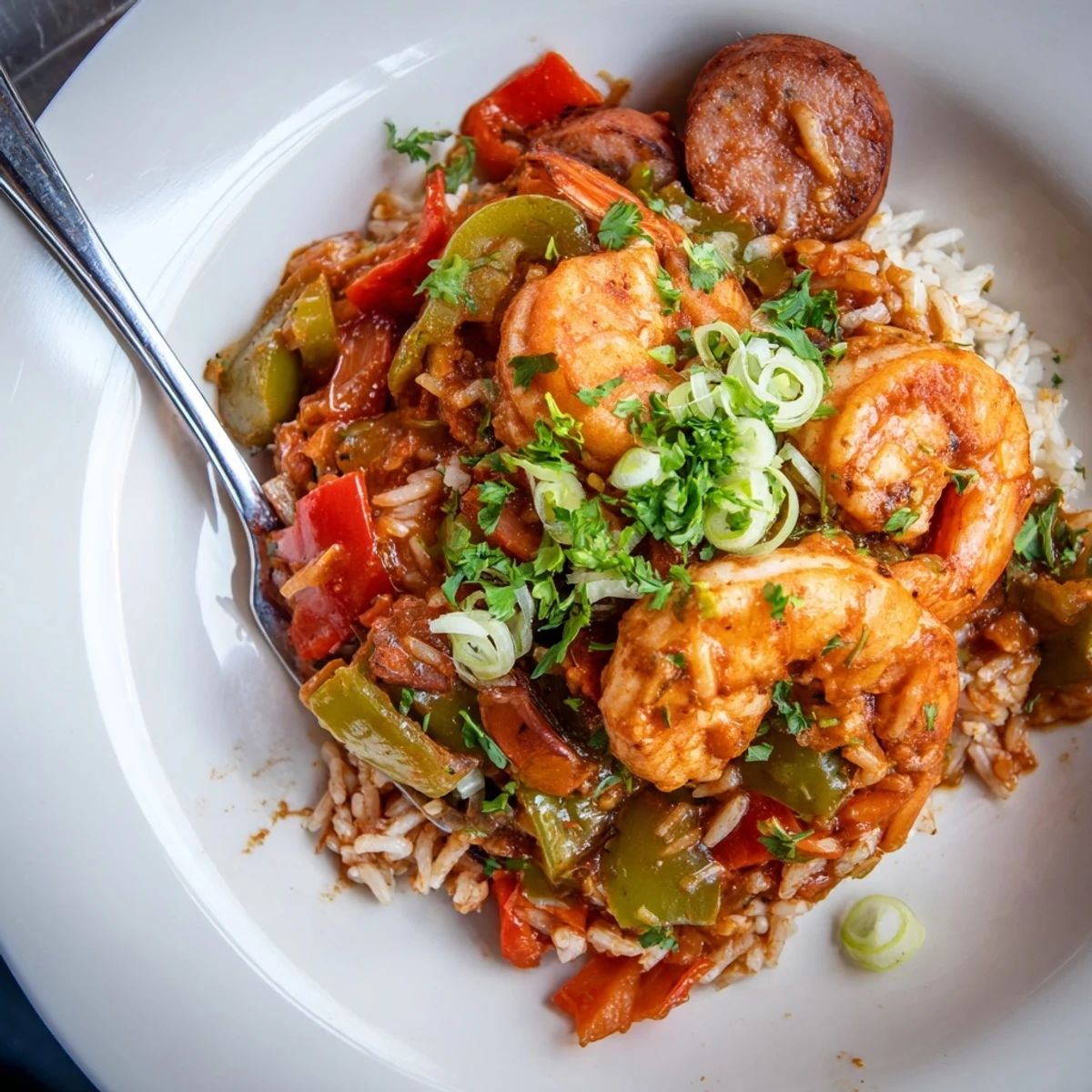 Spicy Jambalaya with Shrimp and Turkey Sausage simmering in a pot, featuring colorful bell peppers and smoky aromas.