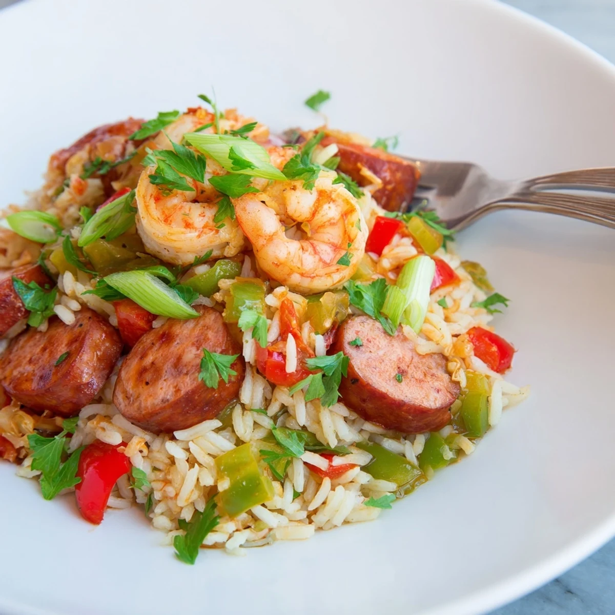 A single serving plate of Spicy Jambalaya with Shrimp and Turkey Sausage, steaming hot beside a glass of white wine.