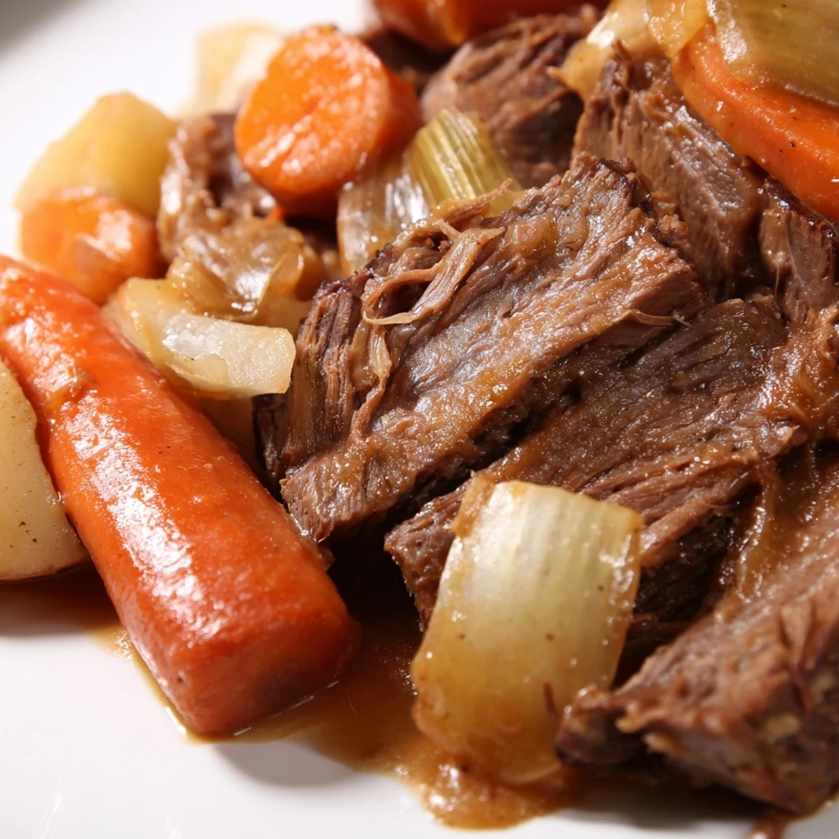 Tender Slow Cooker Beef Pot Roast with Root Vegetables resting in rich gravy, garnished with fresh thyme.  