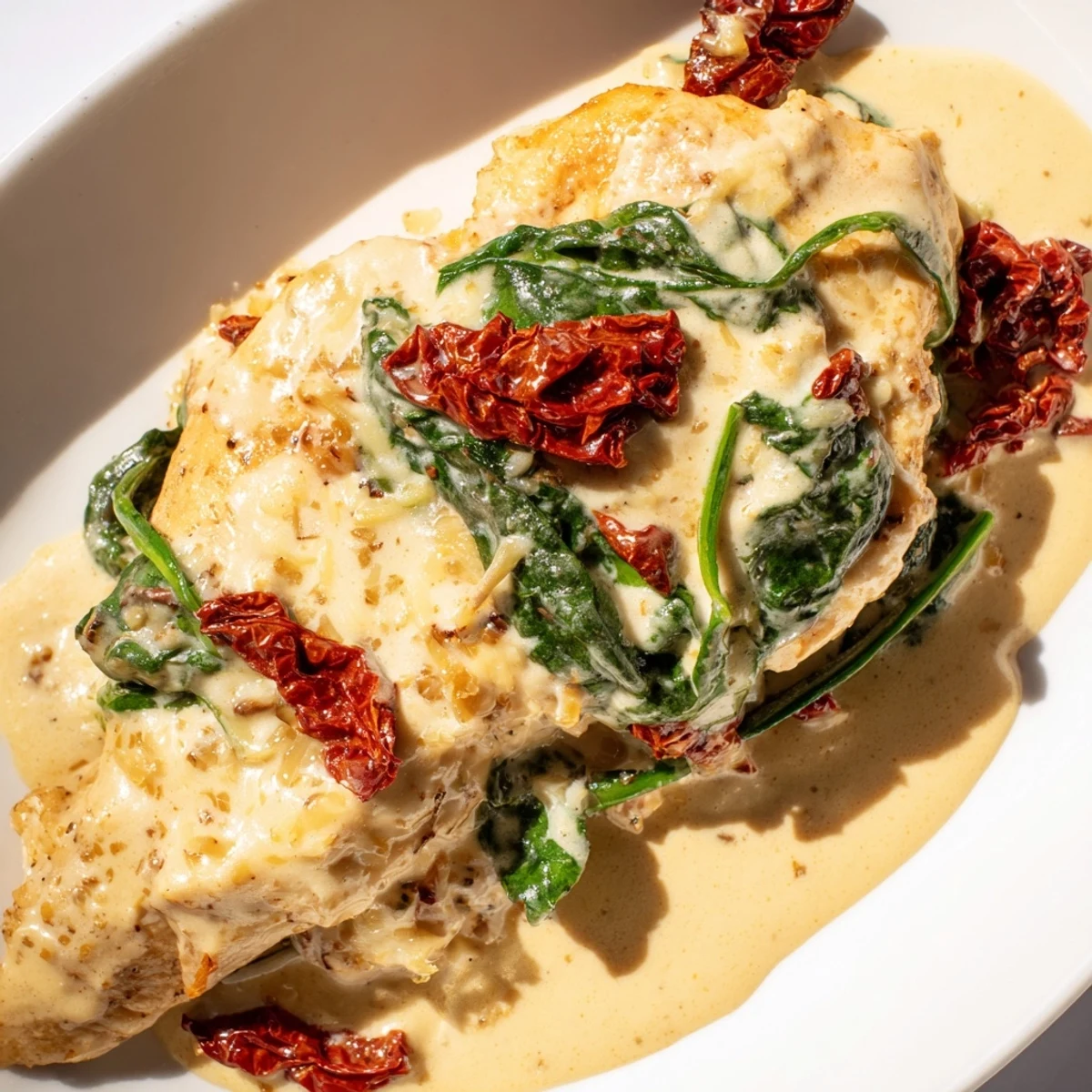 A close-up of Creamy Garlic Chicken with Spinach and Sundried Tomatoes served over pasta, with sauce drizzled on top.