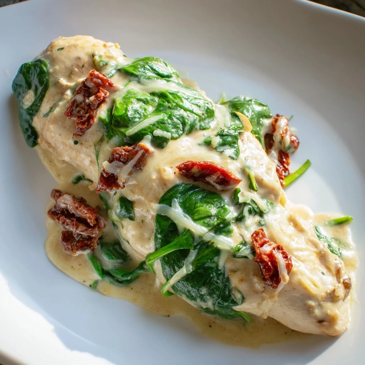 Creamy Garlic Chicken with Spinach and Sundried Tomatoes in a skillet, garnished with fresh parsley and a lemon wedge.