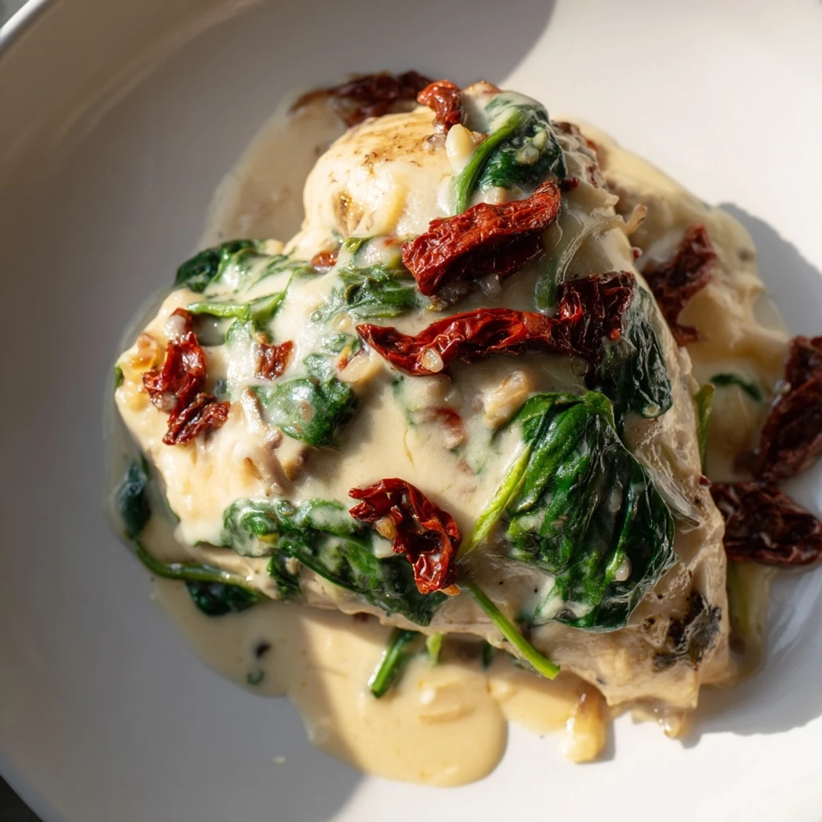 Sizzling Creamy Garlic Chicken with Spinach and Sundried Tomatoes plated on a white dish, steam rising from the rich sauce.