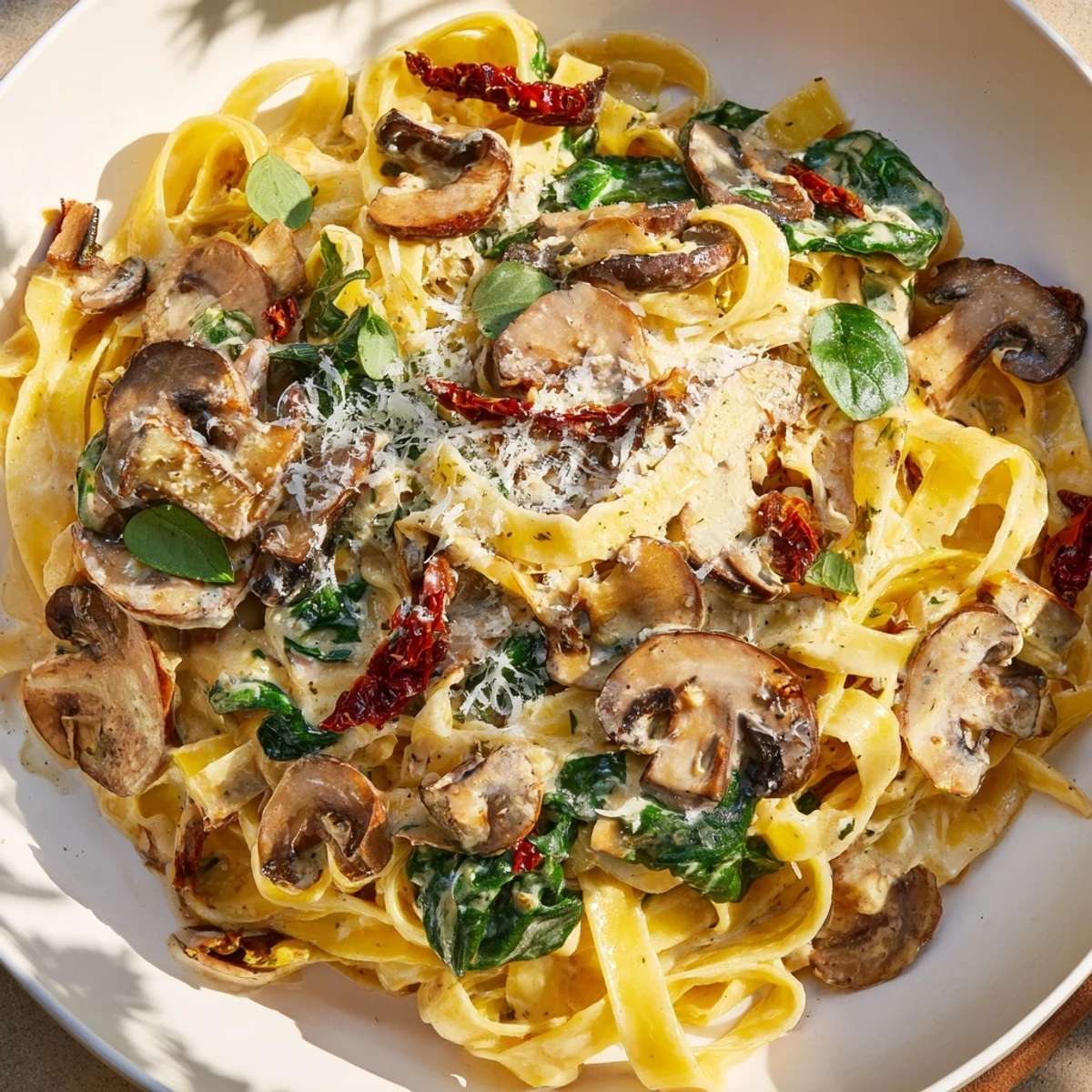 Creamy Tuscan Mushroom Pasta Skillet in a rustic pan with wilted spinach and sun-dried tomatoes, garnished with fresh basil.