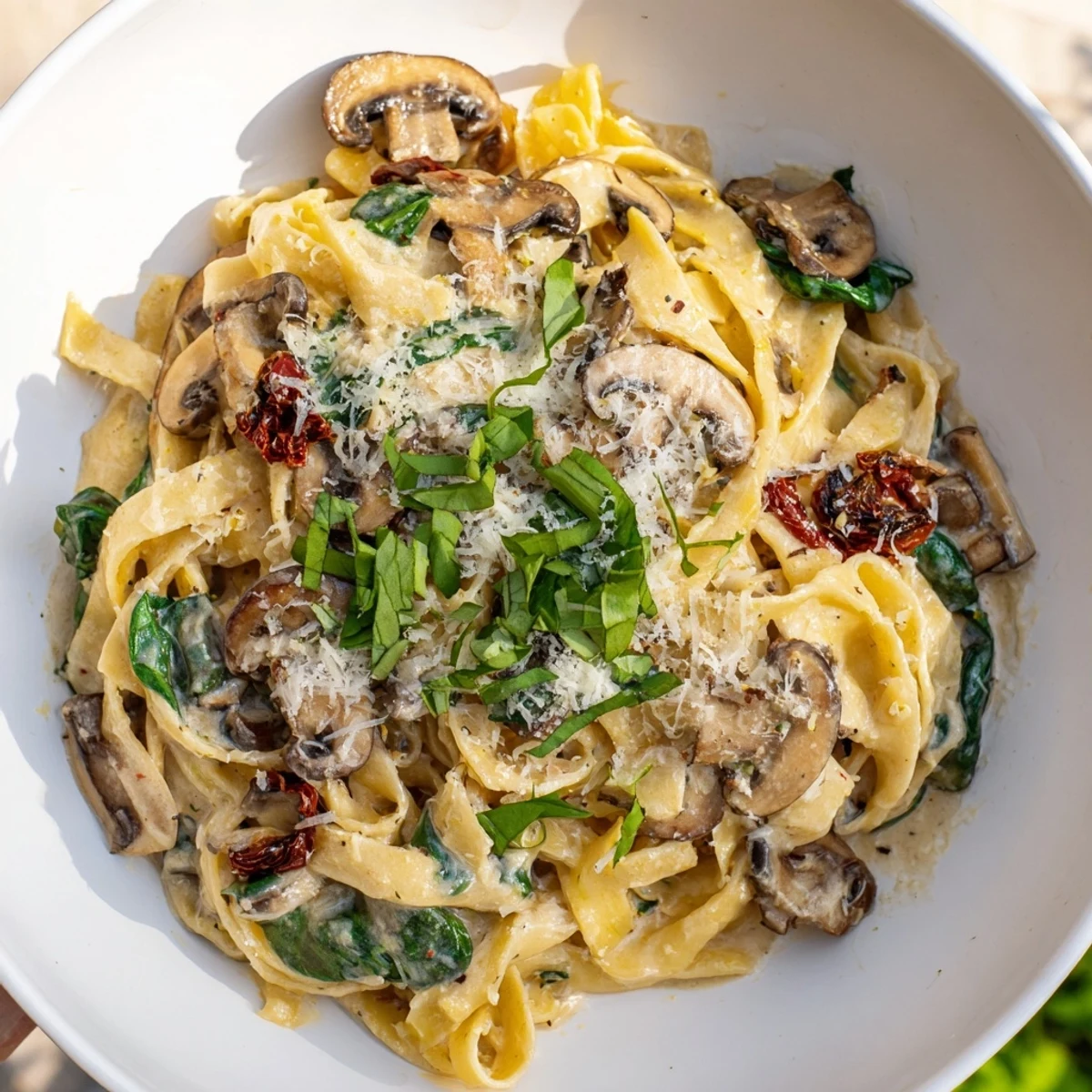 A close-up of Creamy Tuscan Mushroom Pasta Skillet showing golden mushrooms and melted Parmesan, ideal for vegetarian Italian food lovers.