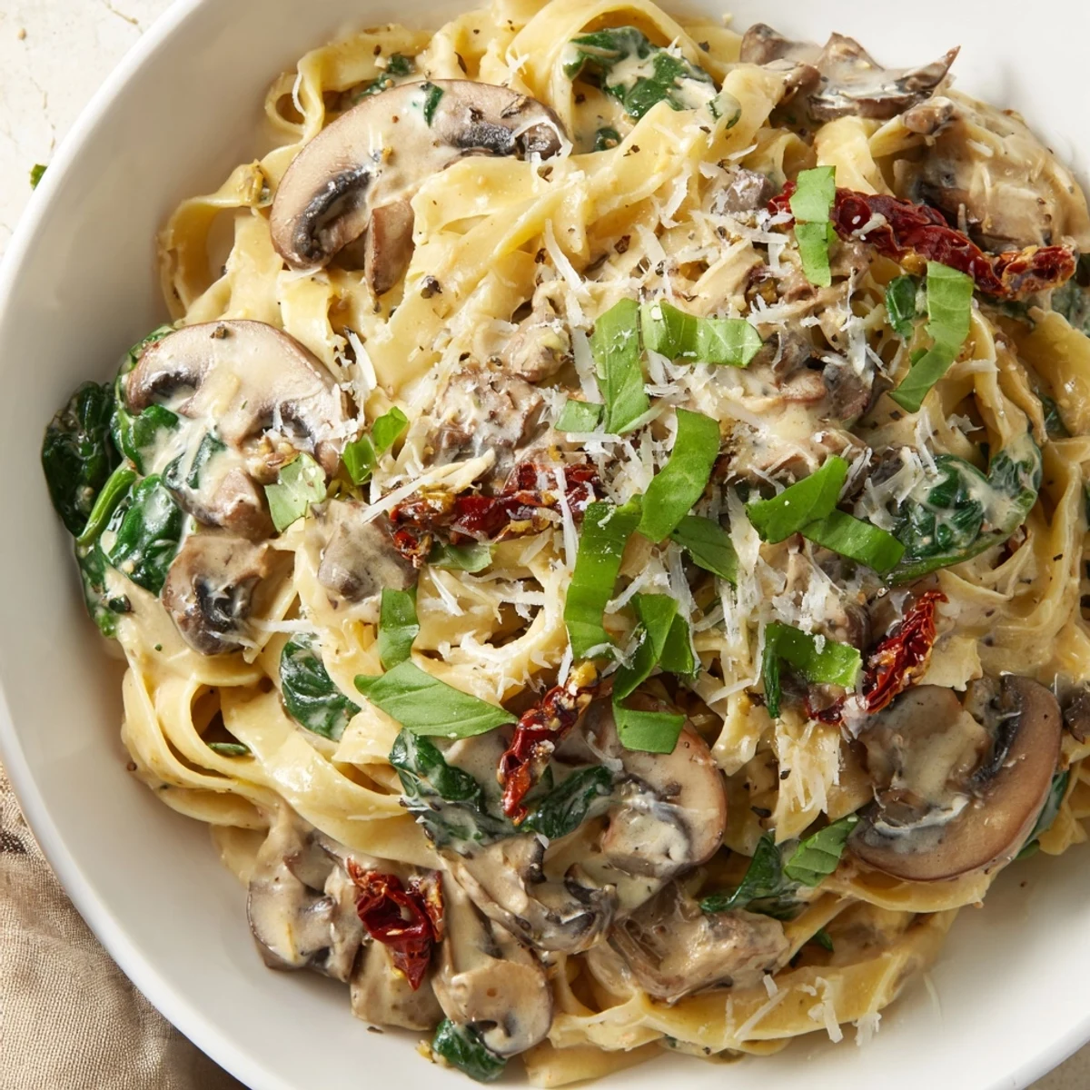 Savory Creamy Tuscan Mushroom Pasta Skillet served hot, creamy sauce clinging to penne and mushrooms, perfect for a weeknight dinner.