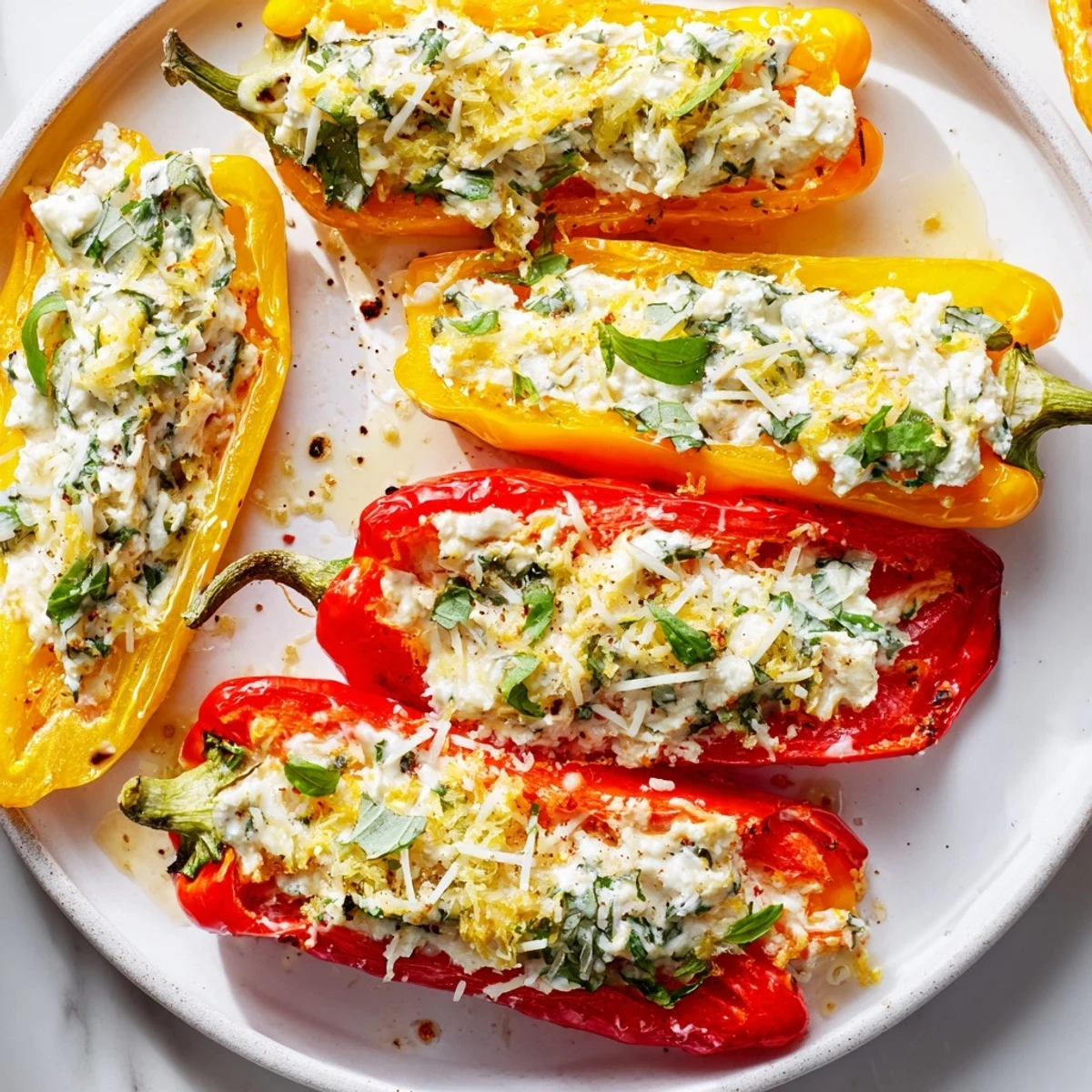 Golden baked ricotta stuffed peppers filled with creamy cheese and fresh herbs served warm.