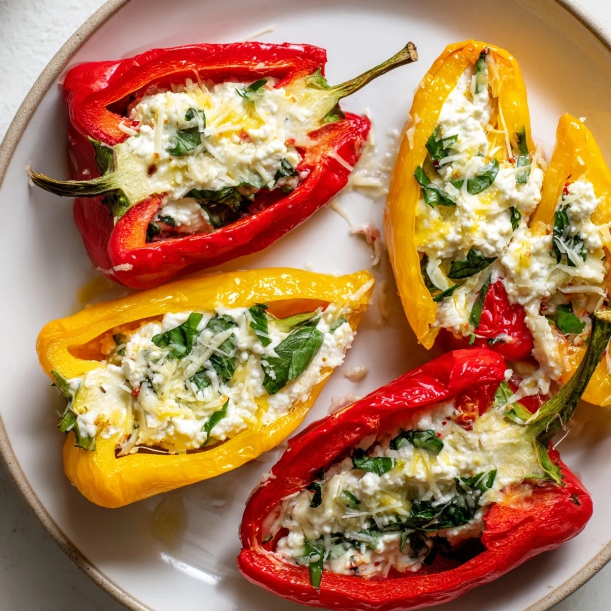 Freshly baked ricotta stuffed peppers on a plate with melted mozzarella and basil garnish.