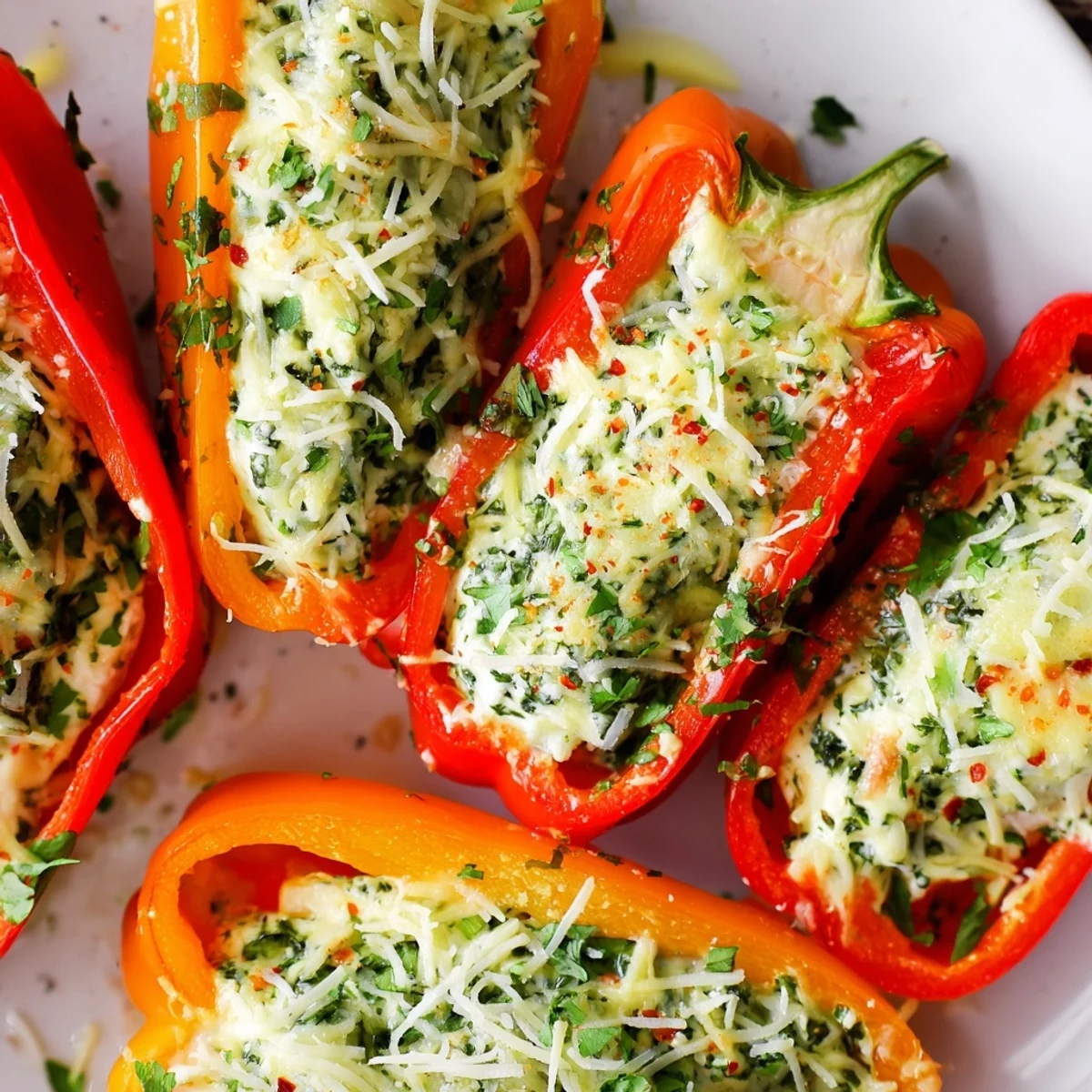 Roasted bell peppers stuffed with ricotta, Parmesan, and herbs, plated for a vegetarian dinner.