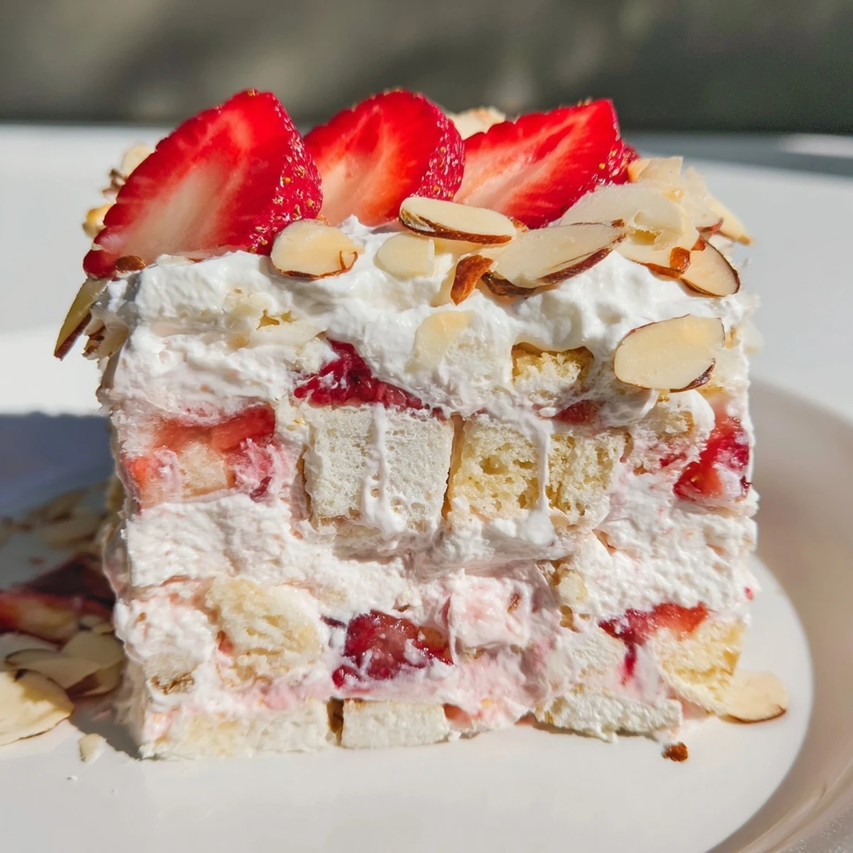 A slice of Heaven on Earth Cake features fluffy angel food cake, creamy vanilla pudding, and bright strawberry filling in a glass dish.