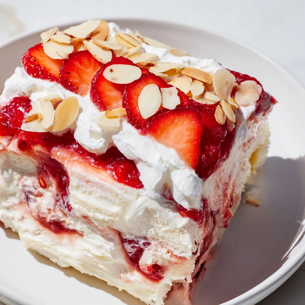 Heaven on Earth Cake is served chilled in a trifle dish, topped with sliced almonds and fresh strawberries for a festive summer dessert.