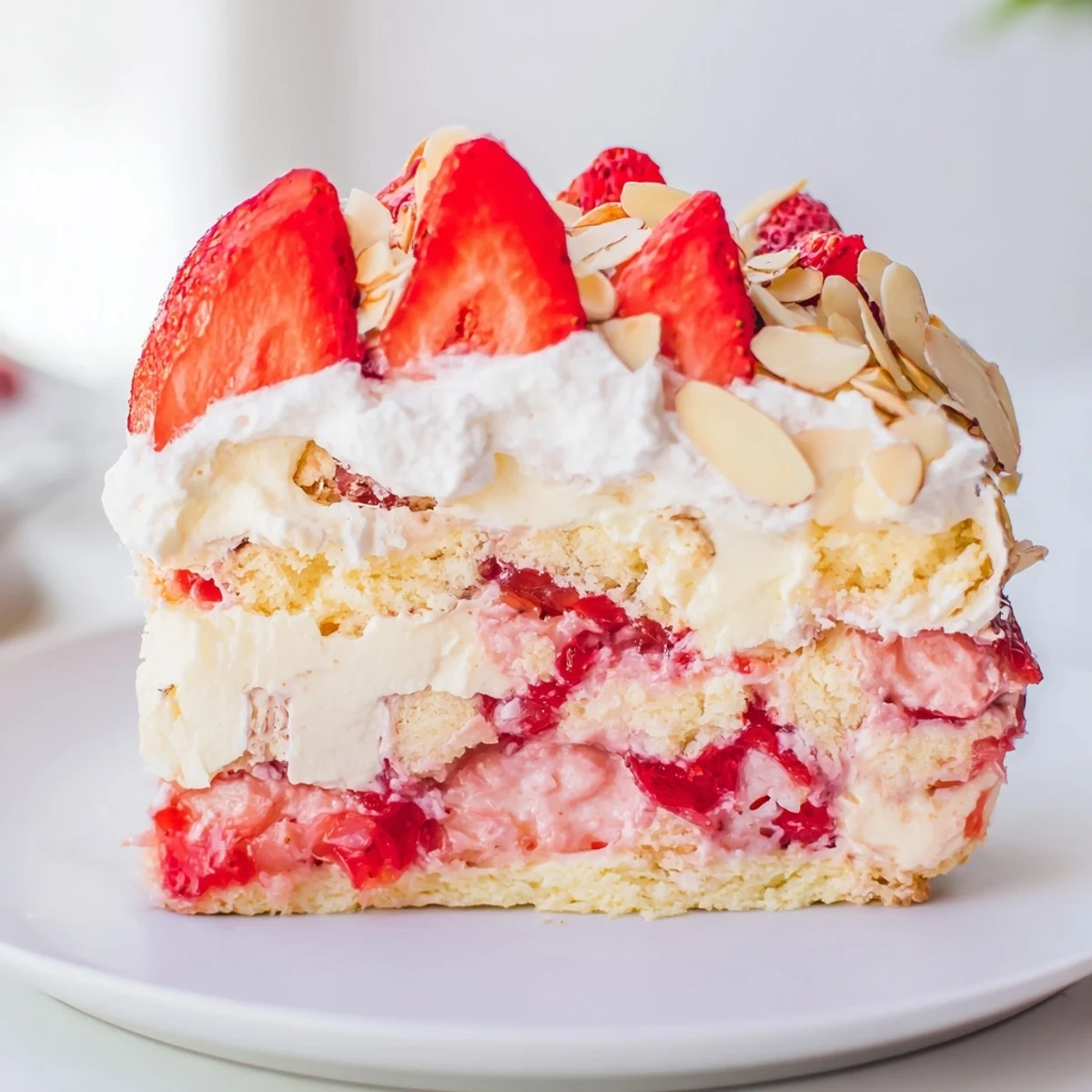 This image shows layers of light angel food cake and sweet strawberry pie filling in Heaven on Earth Cake, perfect for easy entertaining.