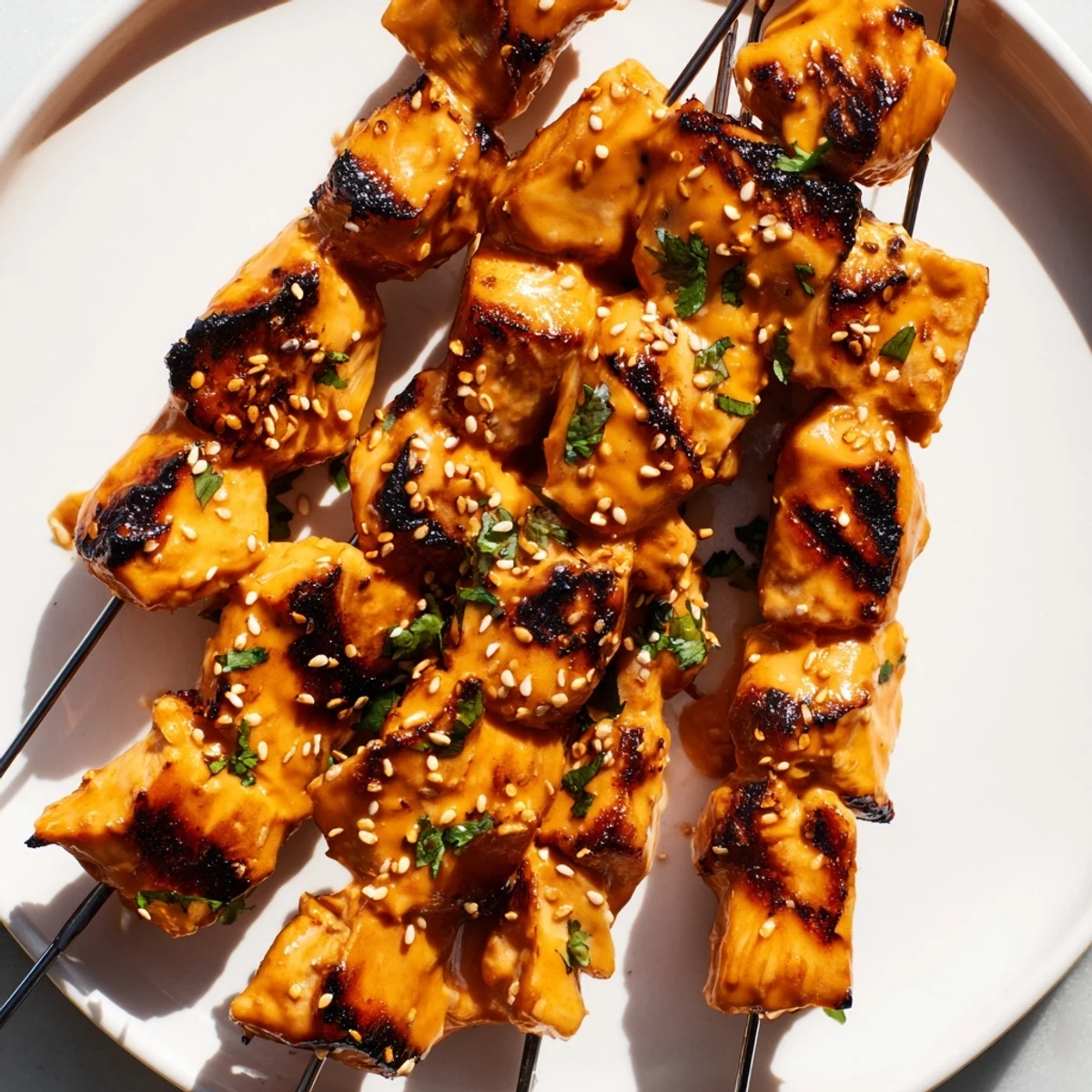 Golden-brown Bang Bang Chicken Skewers fresh off the grill, drizzled with creamy sauce and sprinkled with sesame seeds.