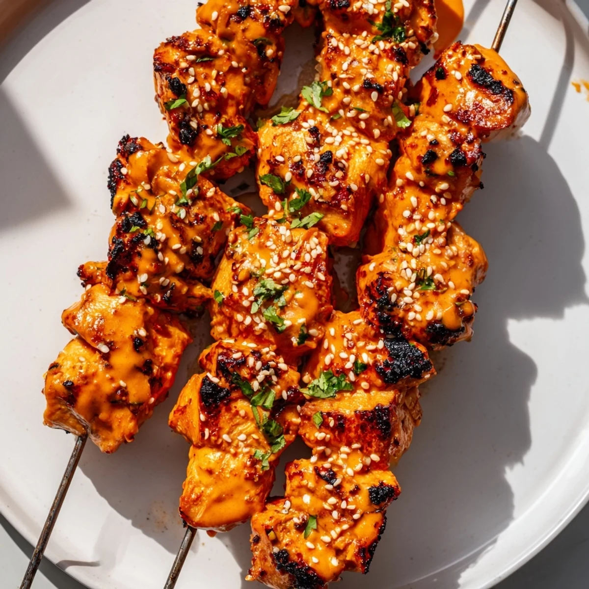 Spicy and sweet Bang Bang Chicken Skewers on a plate, ready to be enjoyed at a family dinner.