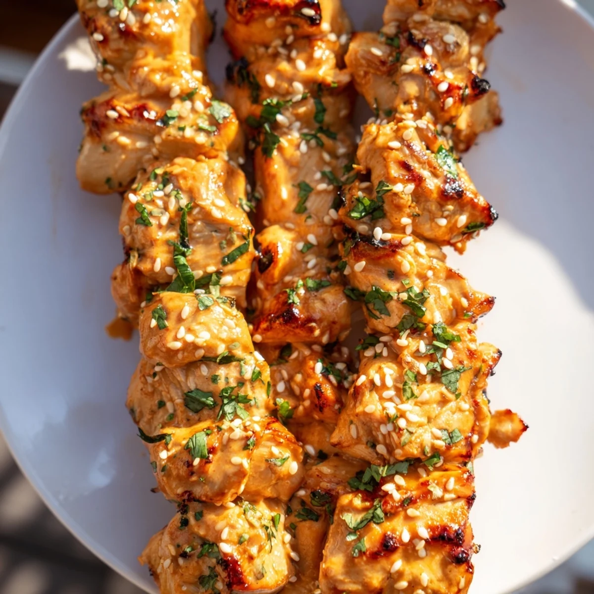 Bang Bang Chicken Skewers arranged on a platter with fresh cilantro and lime wedges for serving.
