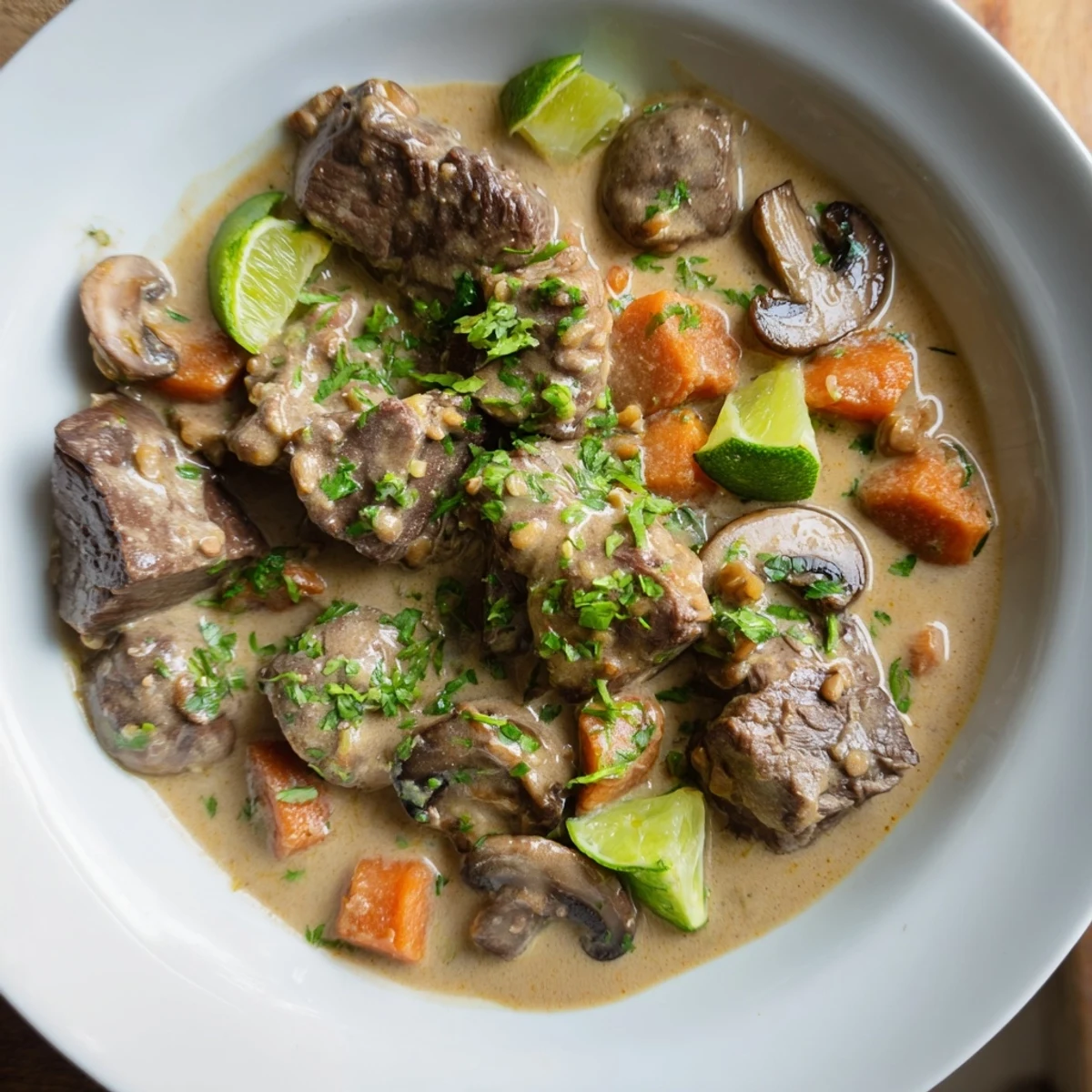 A close-up of Lemongrass Coconut Braised Beef with Mushrooms steaming in a rustic bowl, garnished with cilantro and lime wedges.