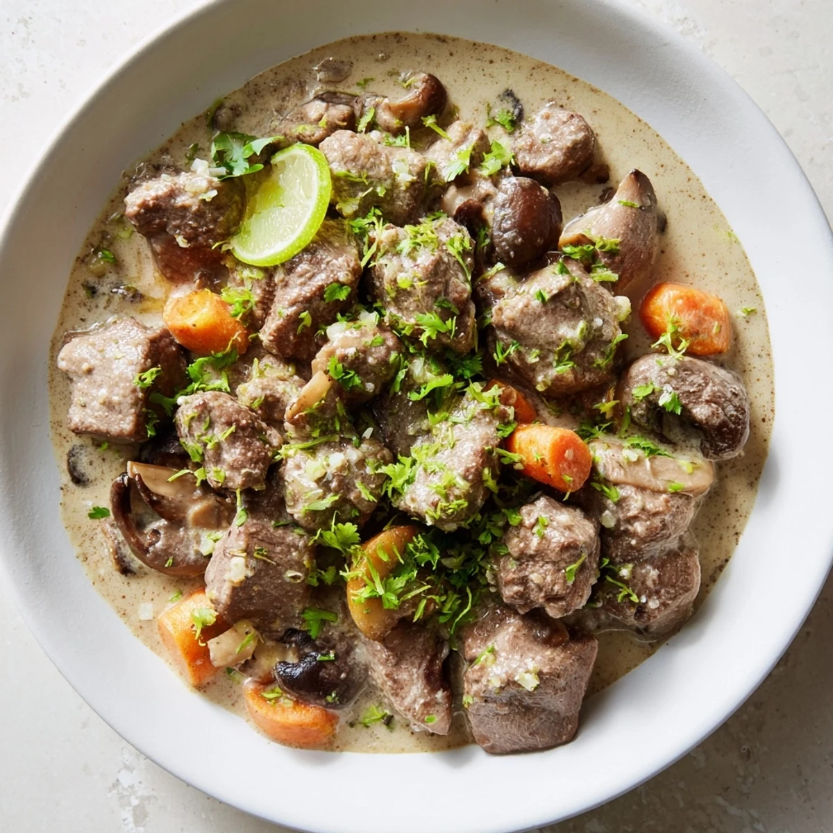 A serving of Lemongrass Coconut Braised Beef with Mushrooms over white rice, garnished with scallions, highlighting the aromatic coconut broth.
