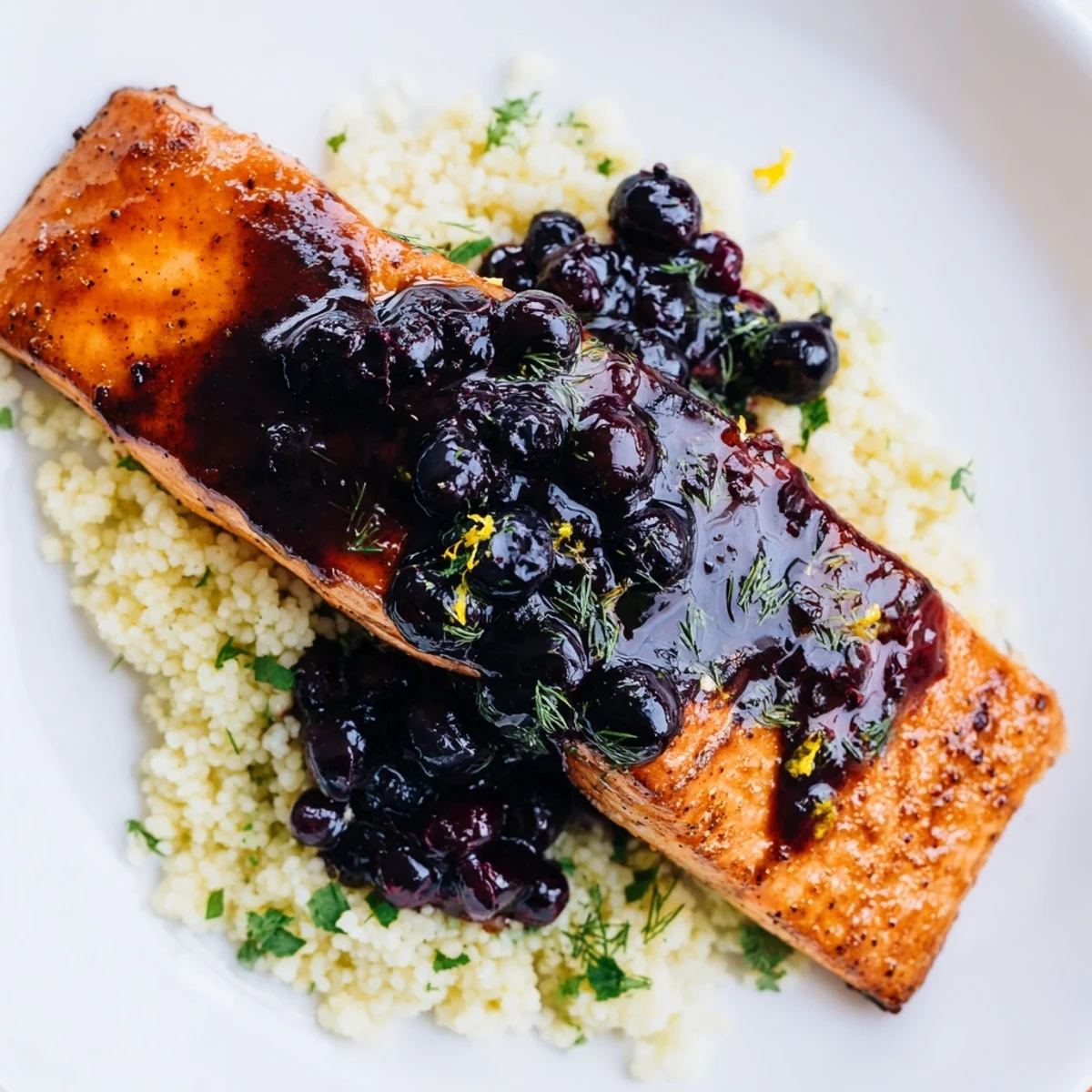 Flaky baked salmon fillets glistening with a vibrant blueberry glaze beside fluffy lemon herb couscous in a white dish.