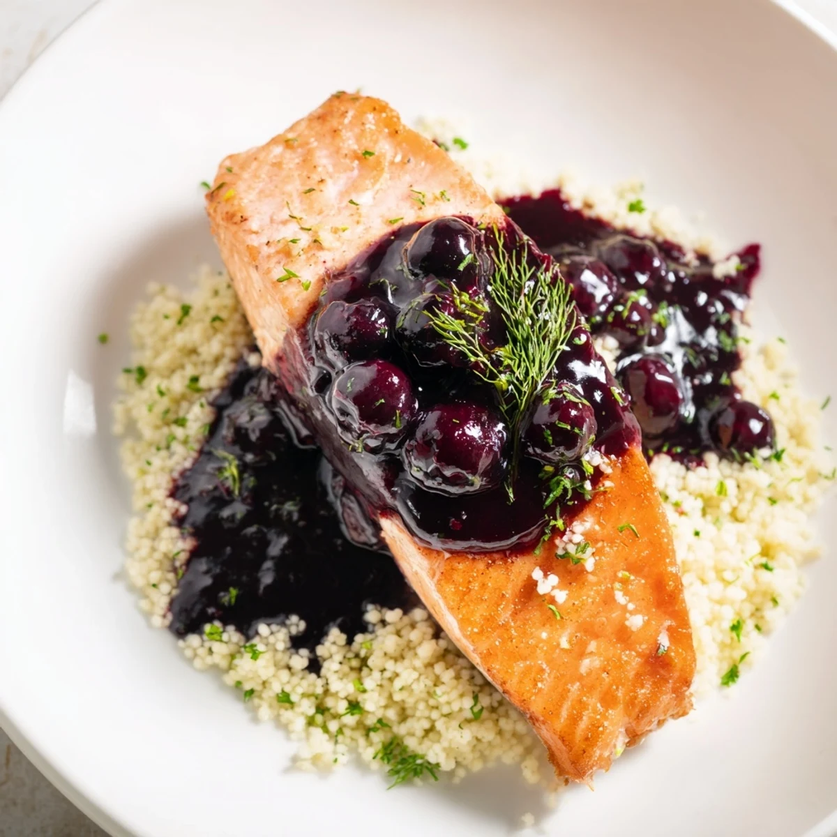 Blueberry Glazed Salmon with Lemon Herb Couscous topped with fresh dill and lemon wedges, perfect for a healthy dinner.