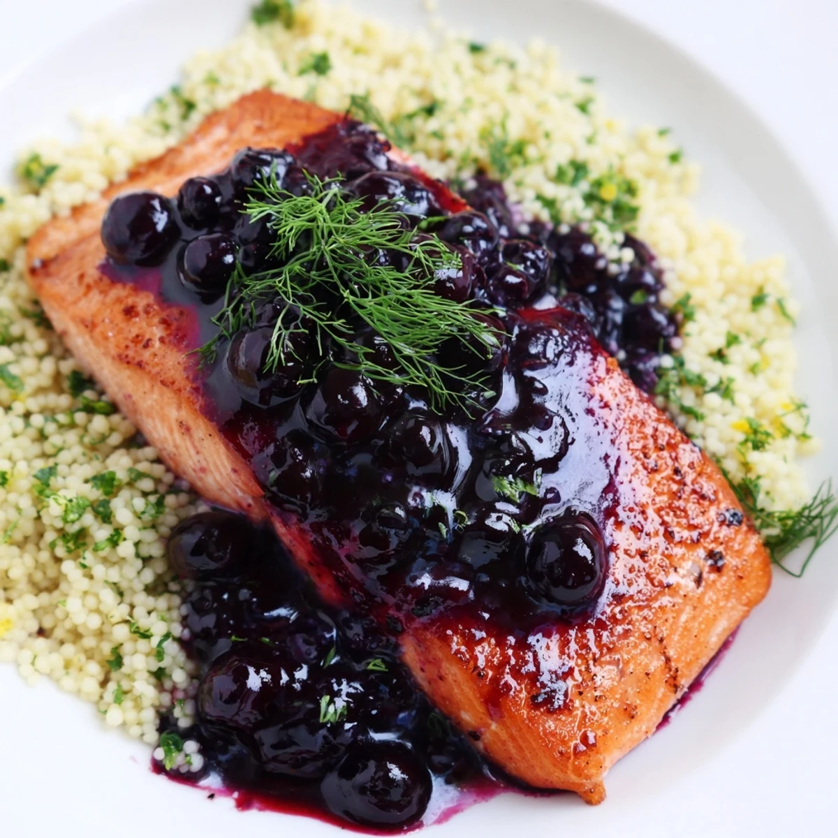A close-up of juicy glazed salmon over citrusy couscous, showing steam rising for a warm, inviting presentation.