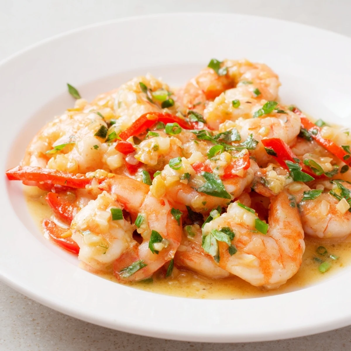 Close-up of Garlic Shrimp in Coconut Milk, showcasing plump shrimp and creamy sauce with lime wedges on a rustic table.