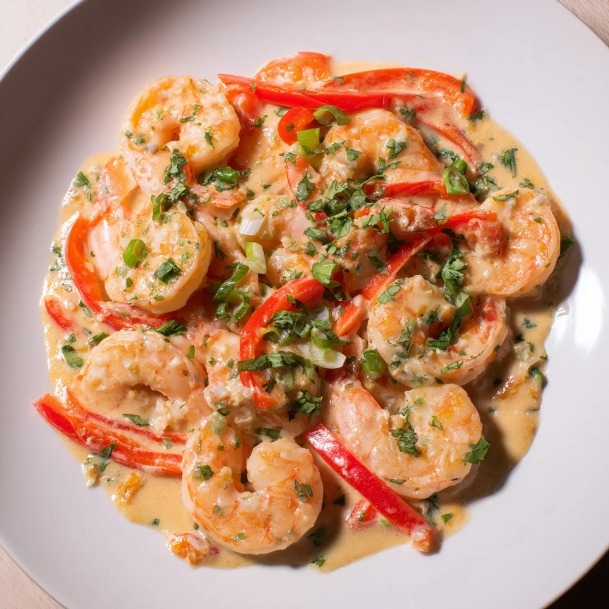 Overhead shot of Garlic Shrimp in Coconut Milk, with fresh herbs and sliced green onions in a bright kitchen setting.