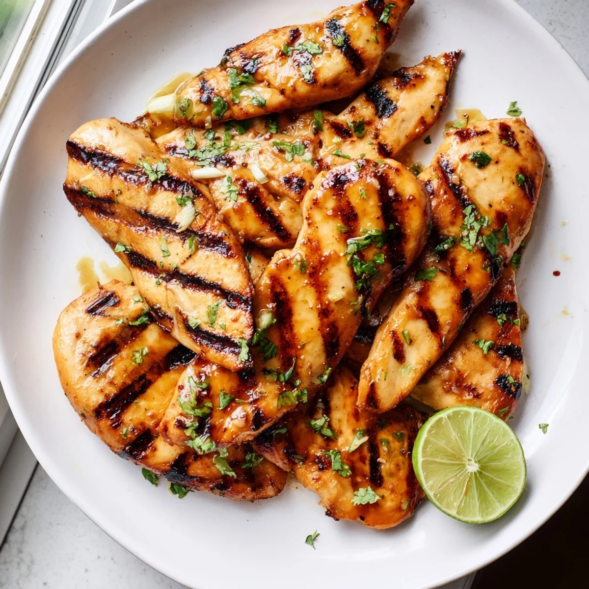 Grilled Spicy Honey Lime Chicken breasts glistening with a sweet and tangy glaze, topped with fresh cilantro and lime wedges on a rustic wooden serving board.
