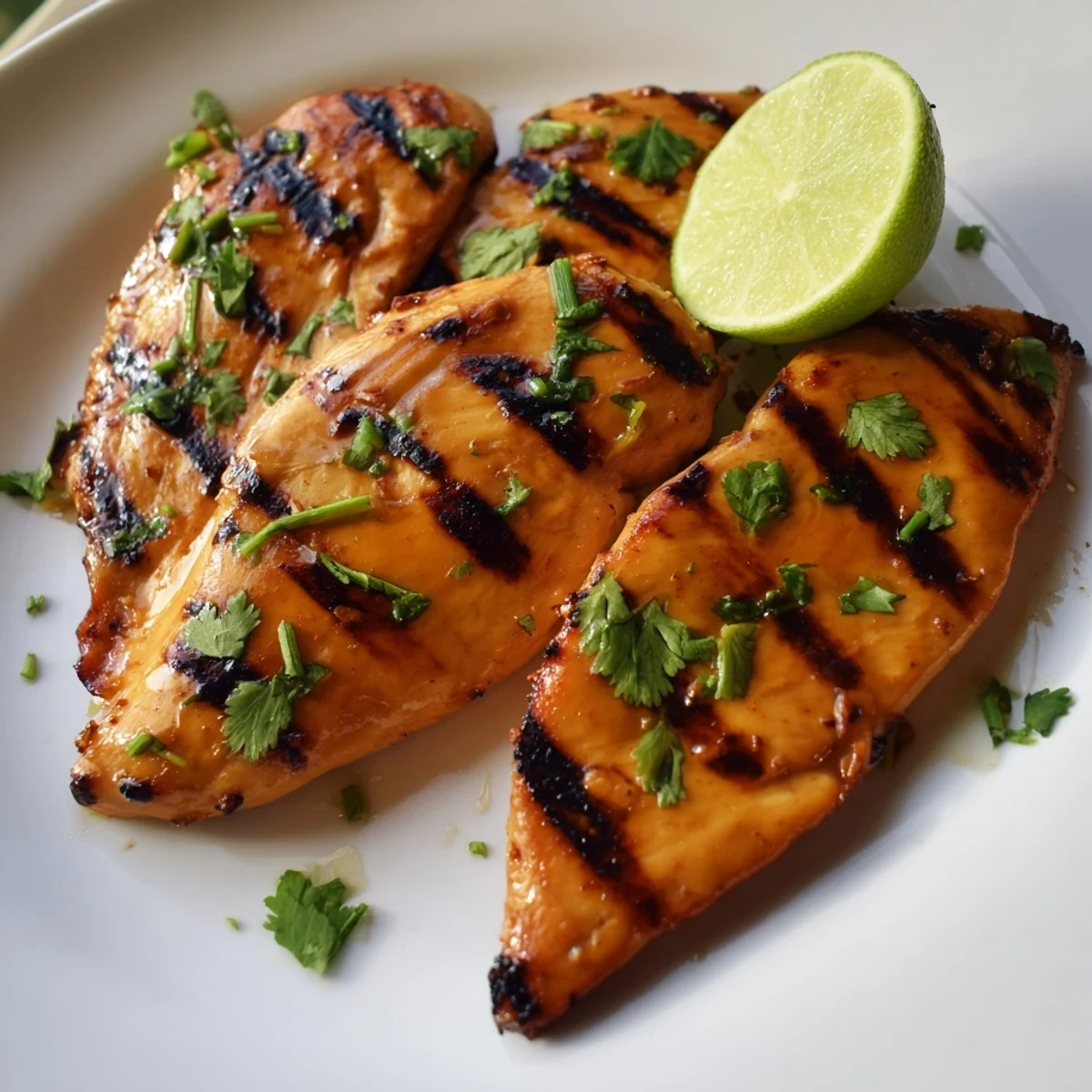 Four juicy Spicy Honey Lime Chicken pieces fresh off the grill, showing beautiful char marks and resting next to colorful lime wedges and a bowl of cilantro.
