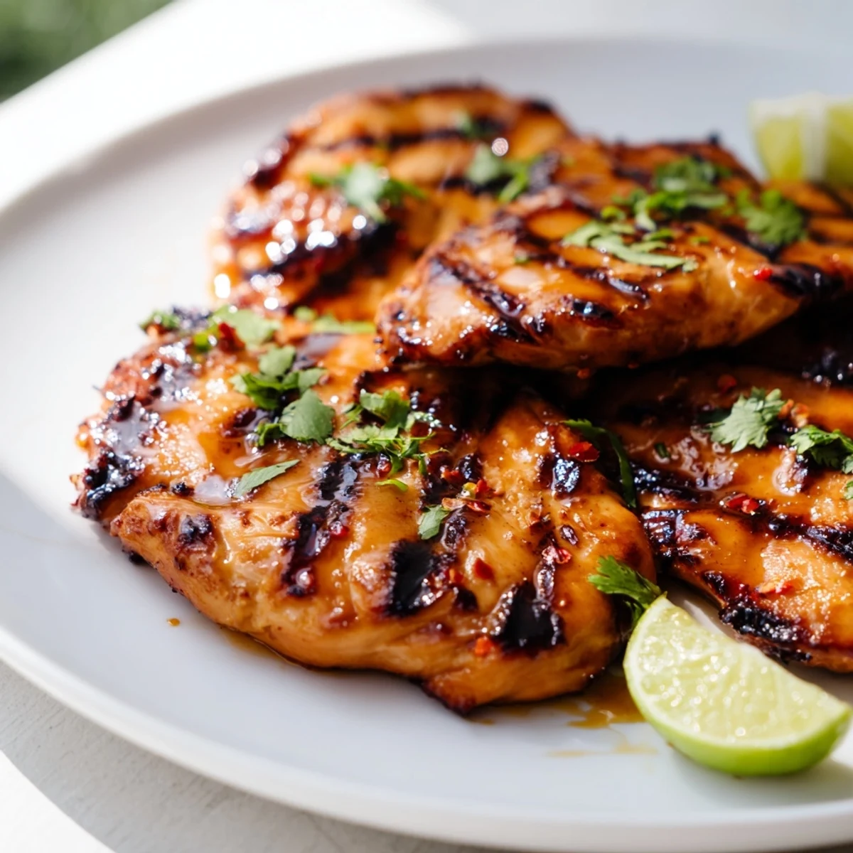 Close-up of a plated Spicy Honey Lime Chicken breast, sliced to reveal tender white meat, drizzled with honey-lime sauce and sprinkled with fresh herbs.