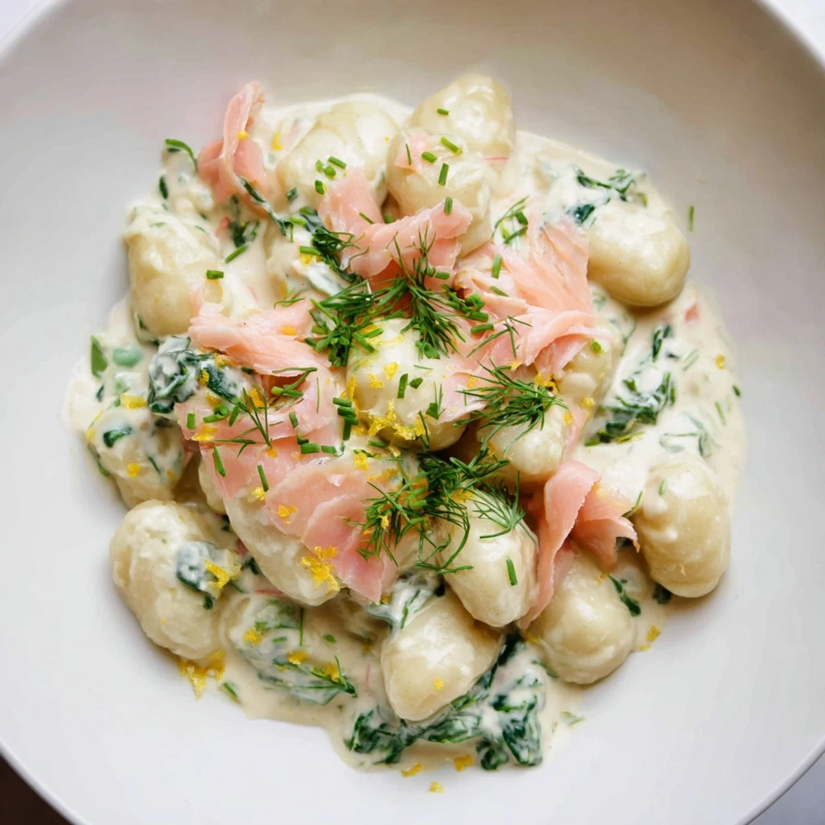 Fresh dill and lemon zest garnish Healthy Smoked Salmon Gnocchi served with spinach and chives.