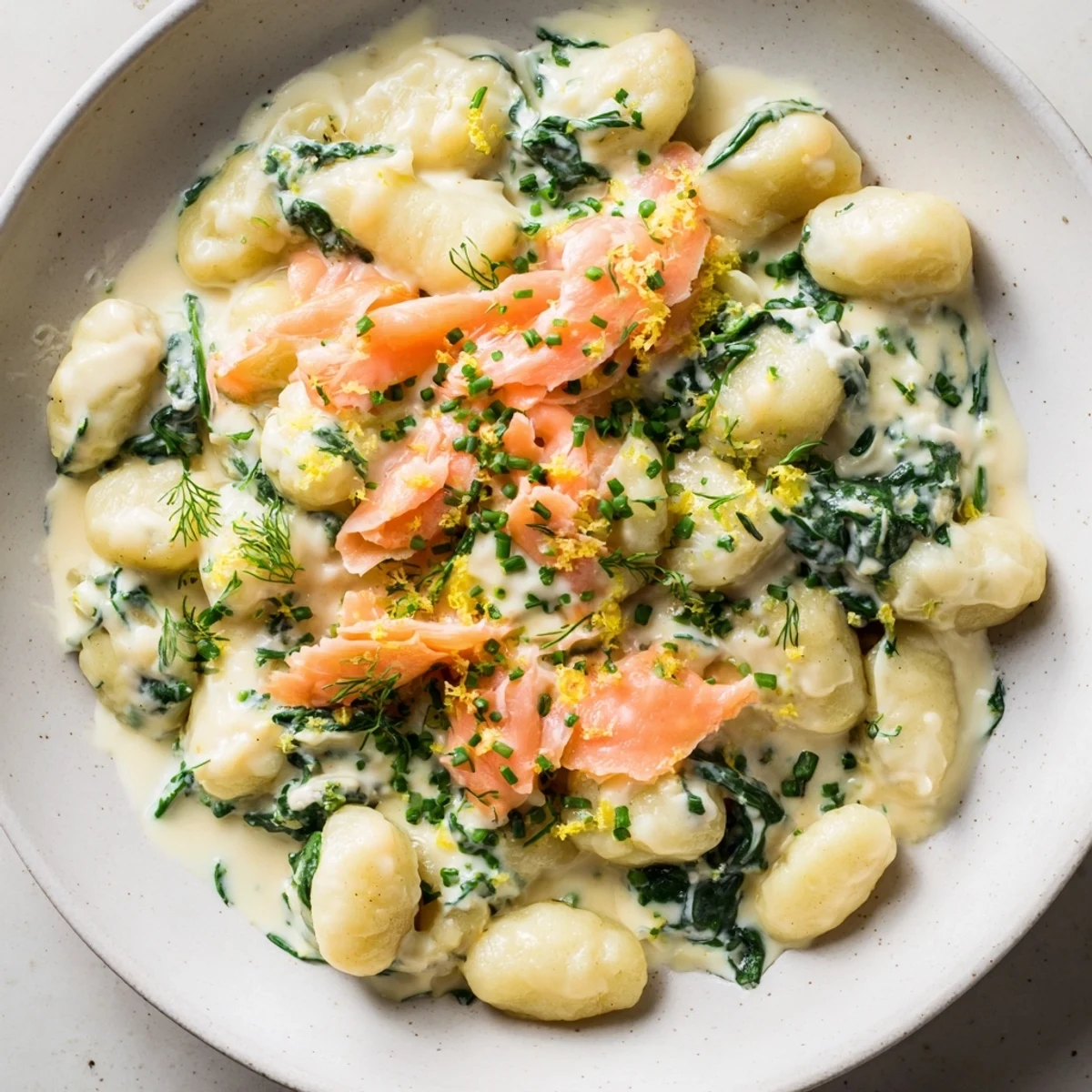 A close-up of Healthy Smoked Salmon Gnocchi shows silky fish, greens, and a light crème fraîche sauce.