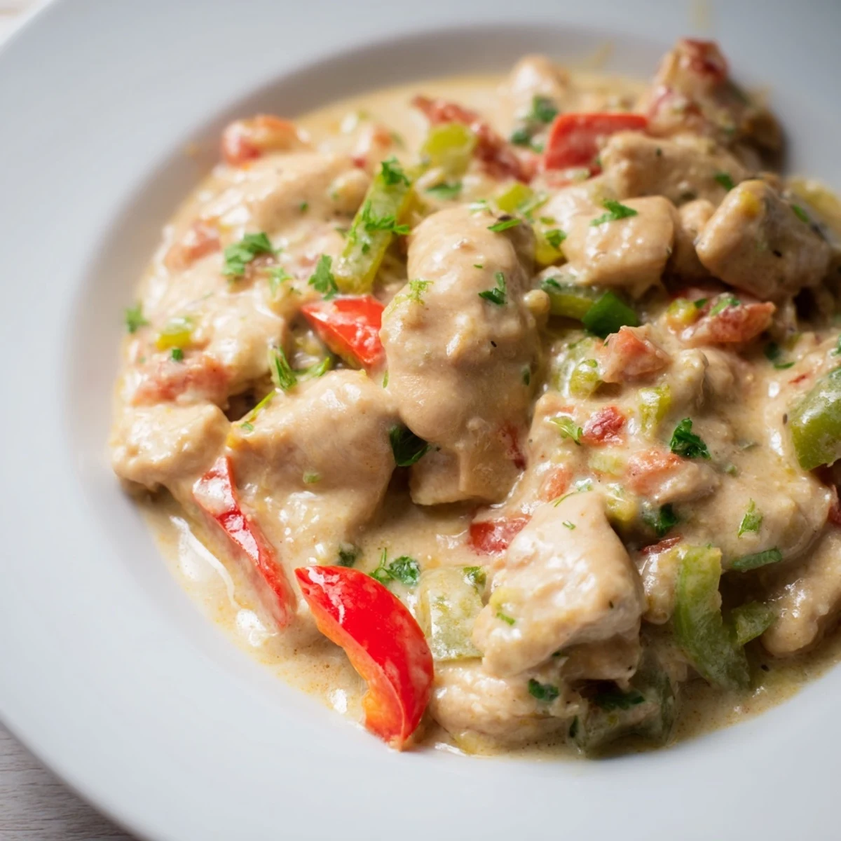 Steaming Brazilian Coconut Chicken with tender chicken pieces simmered in a creamy coconut milk sauce, garnished with fresh cilantro and lime wedges.