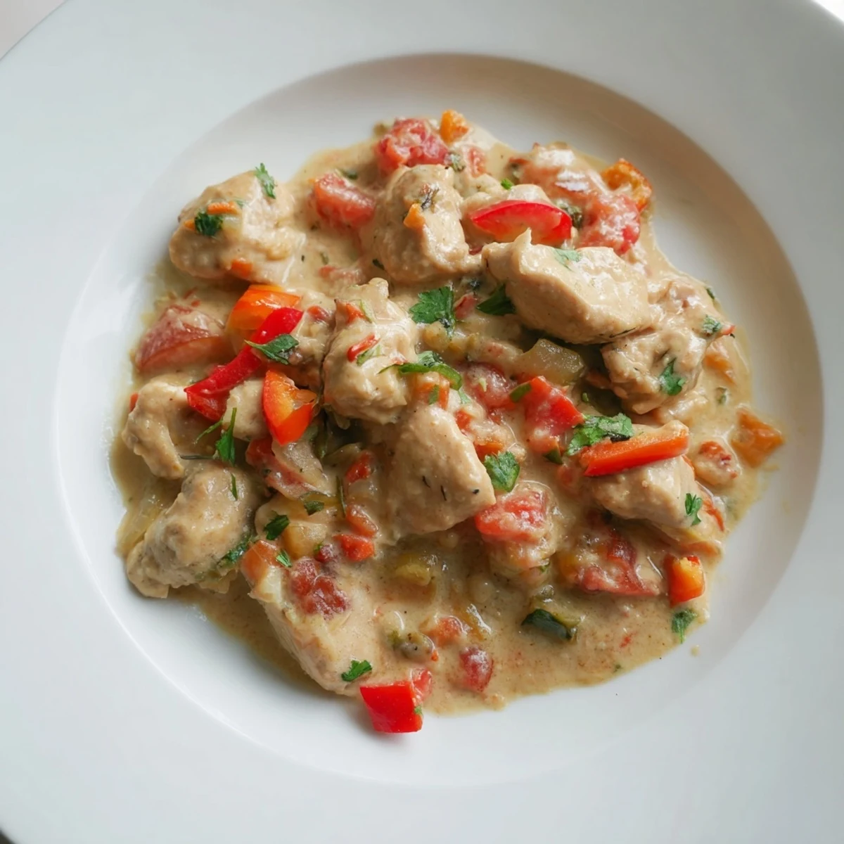 A close-up view of Brazilian Coconut Chicken in a white bowl, featuring golden-brown chicken thighs and sliced red and green bell peppers in a rich sauce.