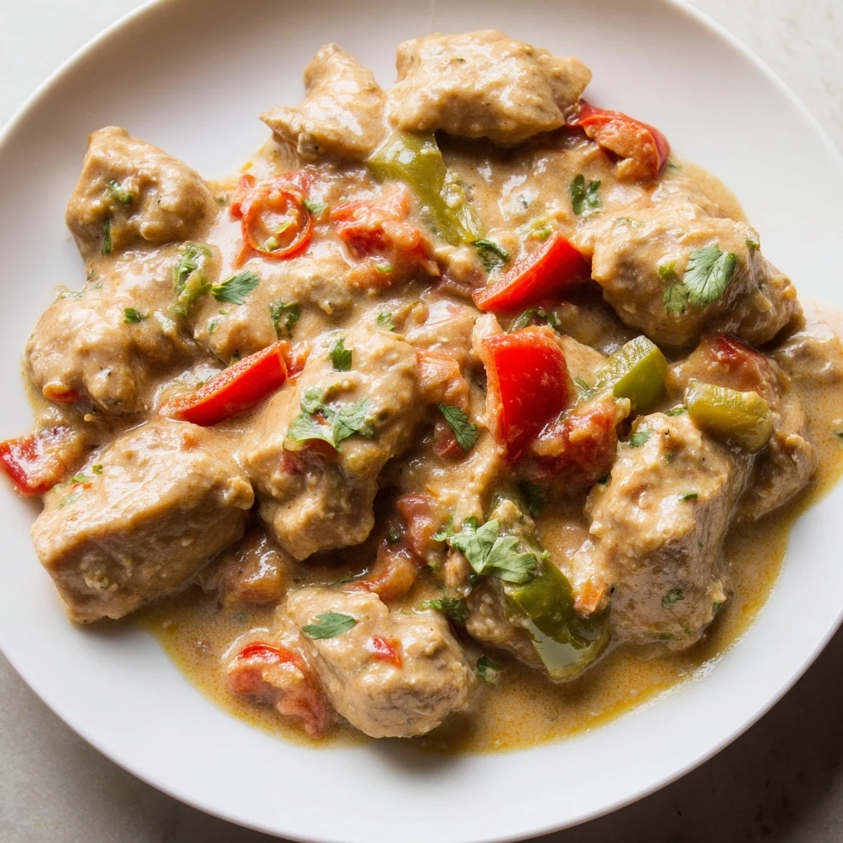 Serving suggestion for Brazilian Coconut Chicken over a bed of fluffy white rice, with a lime wedge on the side and a sprinkle of cilantro.