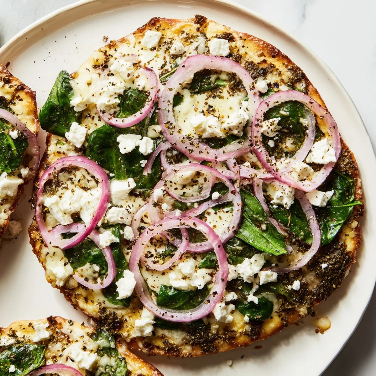 Freshly baked Spinach and Feta Flatbread Pizza with melted mozzarella and crispy edges, served hot on a wooden cutting board.  