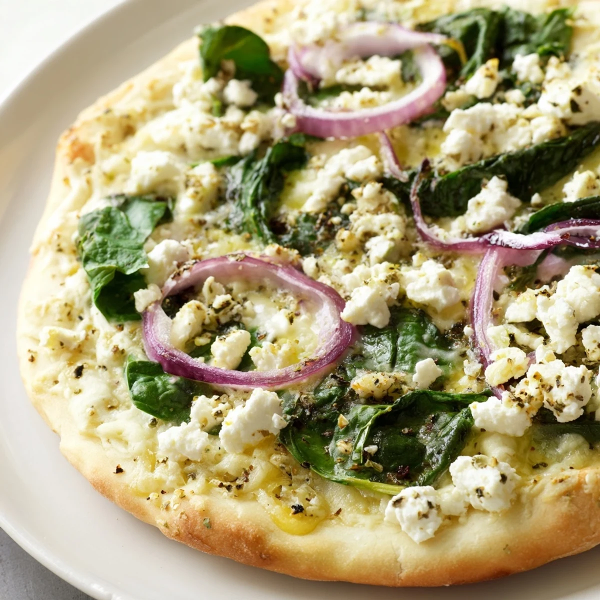 Mediterranean-style Spinach and Feta Flatbread Pizza garnished with oregano, ready to slice for a quick vegetarian dinner.