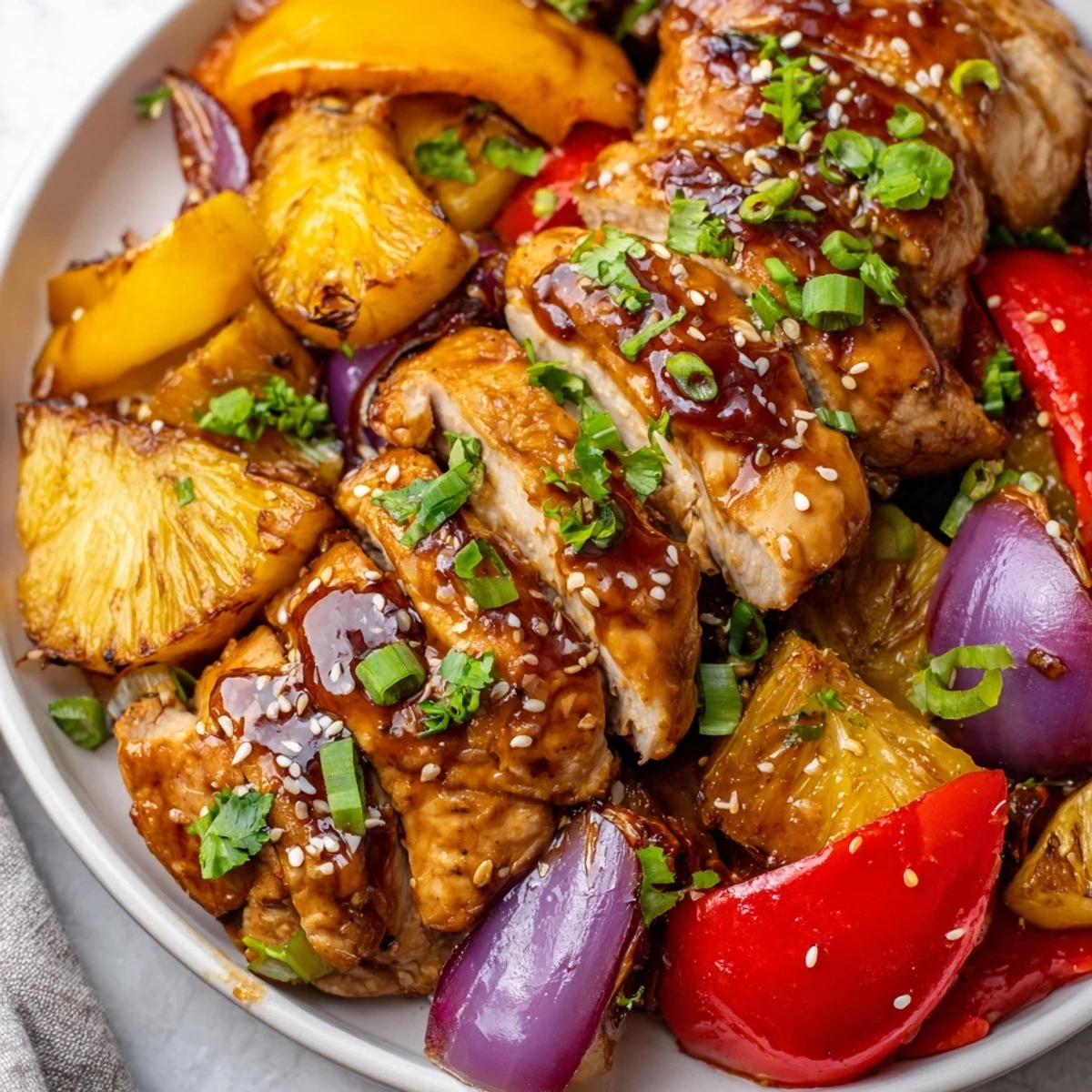 The finished Marry Me Sheet Pan Hawaiian Chicken served with fluffy white rice, garnished with toasted sesame seeds and fresh green onions on a rustic table.