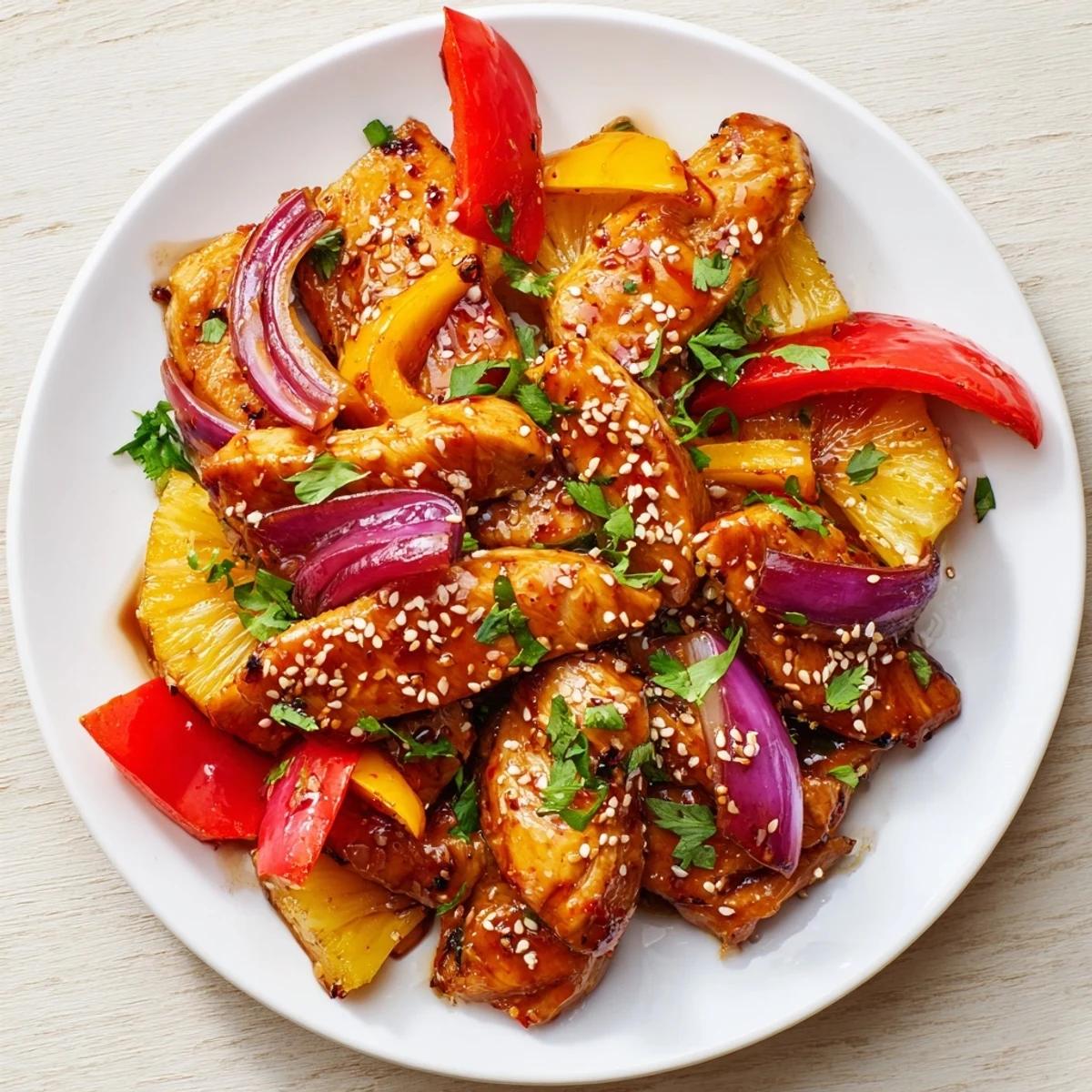 Close-up of juicy chicken, caramelized pineapple, and tender bell peppers from the Marry Me Sheet Pan Hawaiian Chicken, steaming on a parchment-lined baking sheet.
