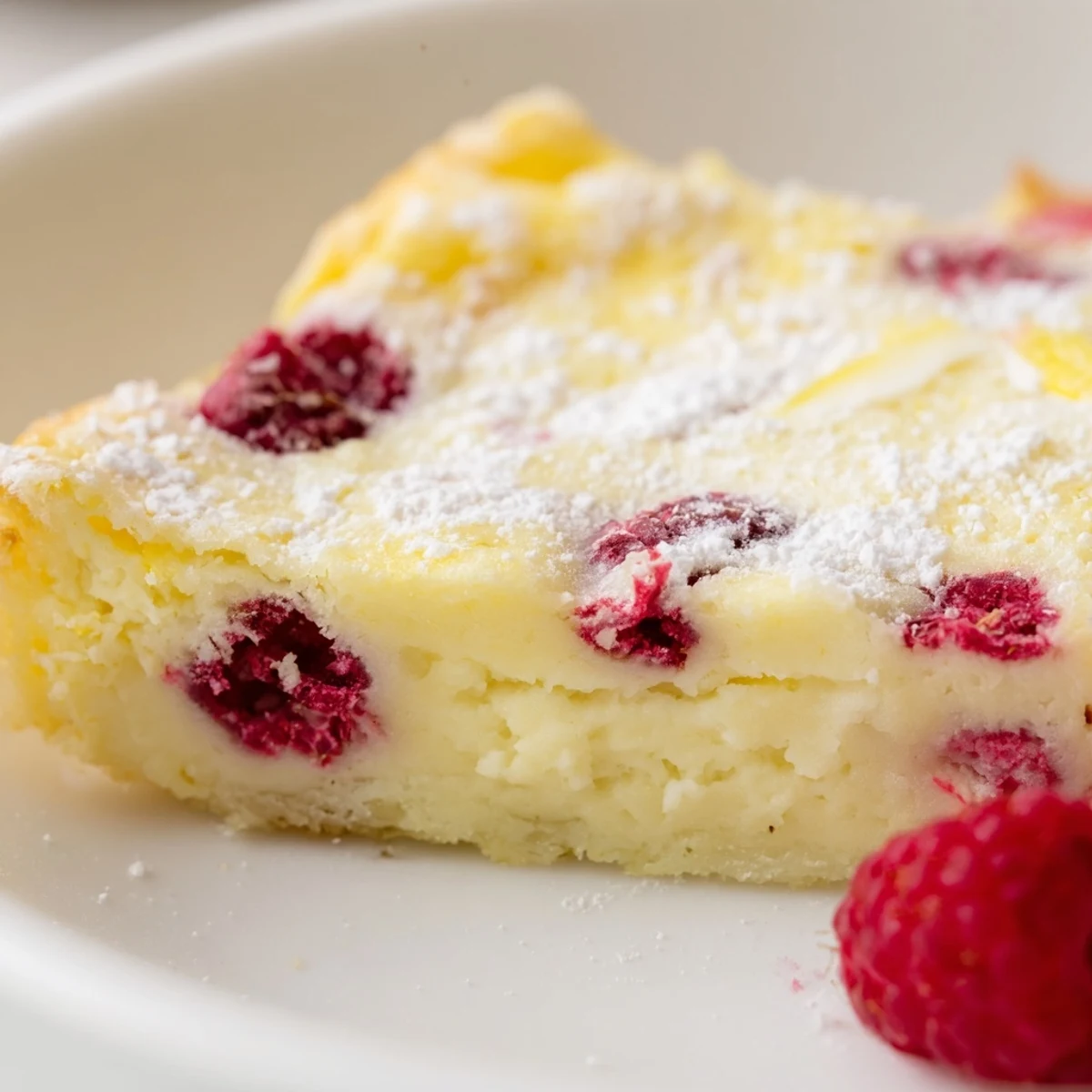 A slice of Lemon Raspberry Cottage Cheese Bake shows creamy texture and ruby-red berries on a white plate.