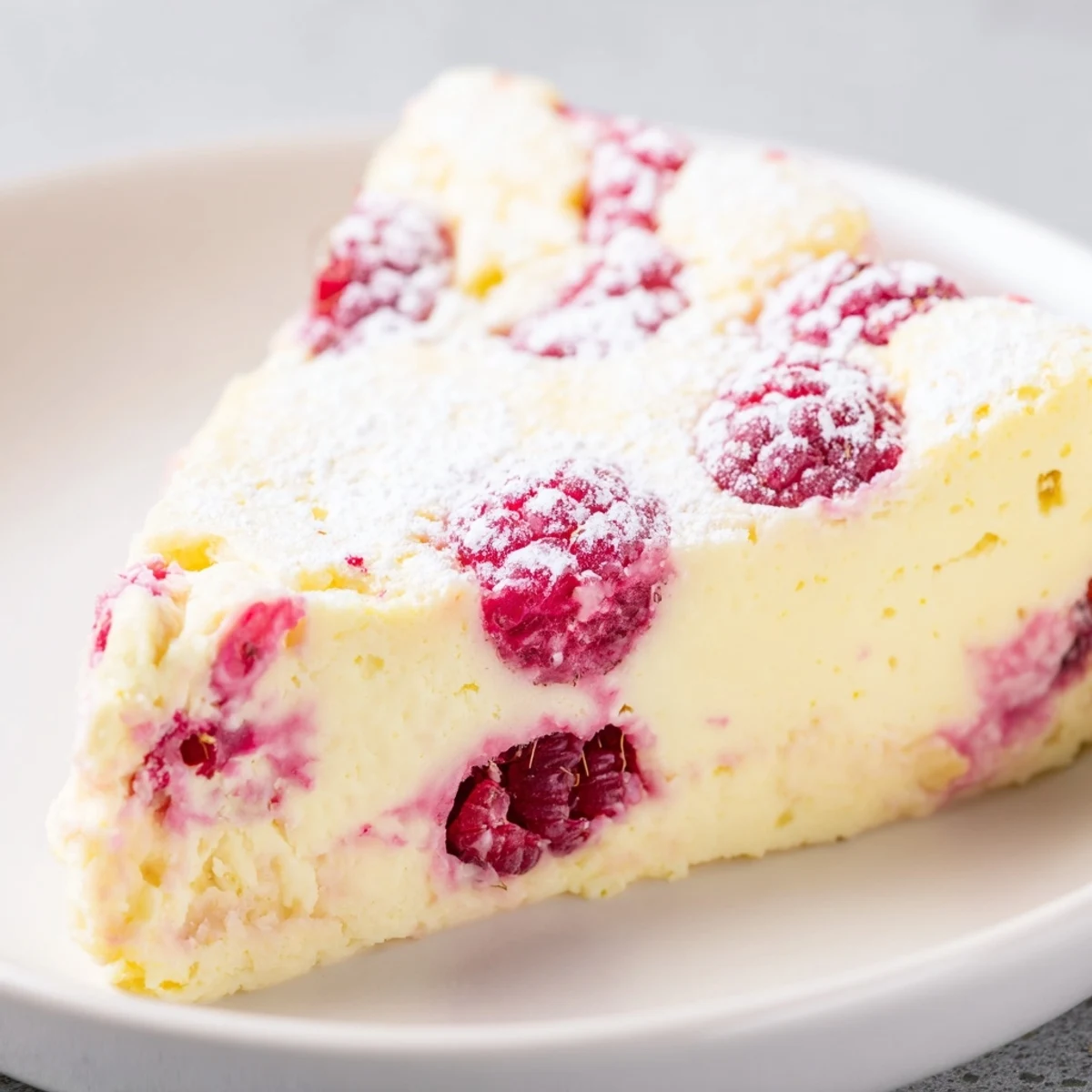 The Lemon Raspberry Cottage Cheese Bake cools on a wire rack with powdered sugar dusting and fresh raspberries.