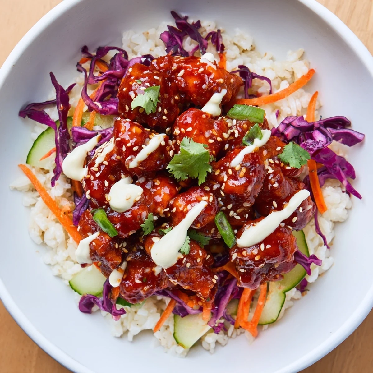 A top-down view of the Marry Me Sweet Chili Chicken Bowl with Coconut Lime Drizzle, featuring juicy glazed chicken over fluffy rice with colorful shredded cabbage, carrots, and fresh cilantro garnish.
