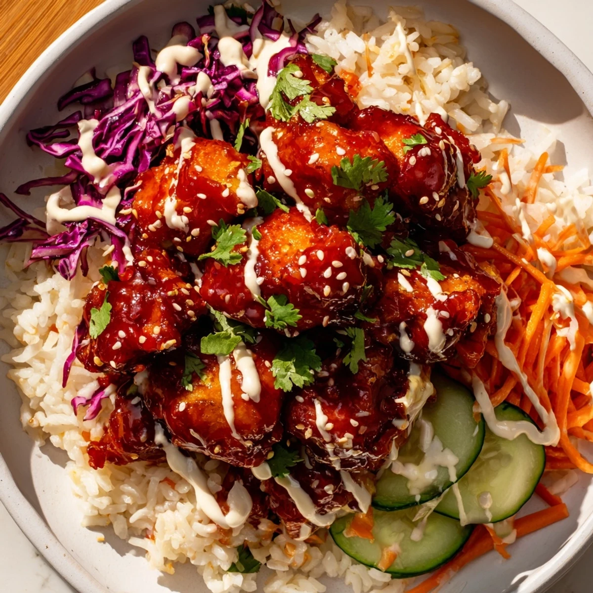 Close-up side view of the Marry Me Sweet Chili Chicken Bowl with Coconut Lime Drizzle, highlighting the creamy white drizzle over golden chicken and crisp vegetable toppings next to lime wedges.