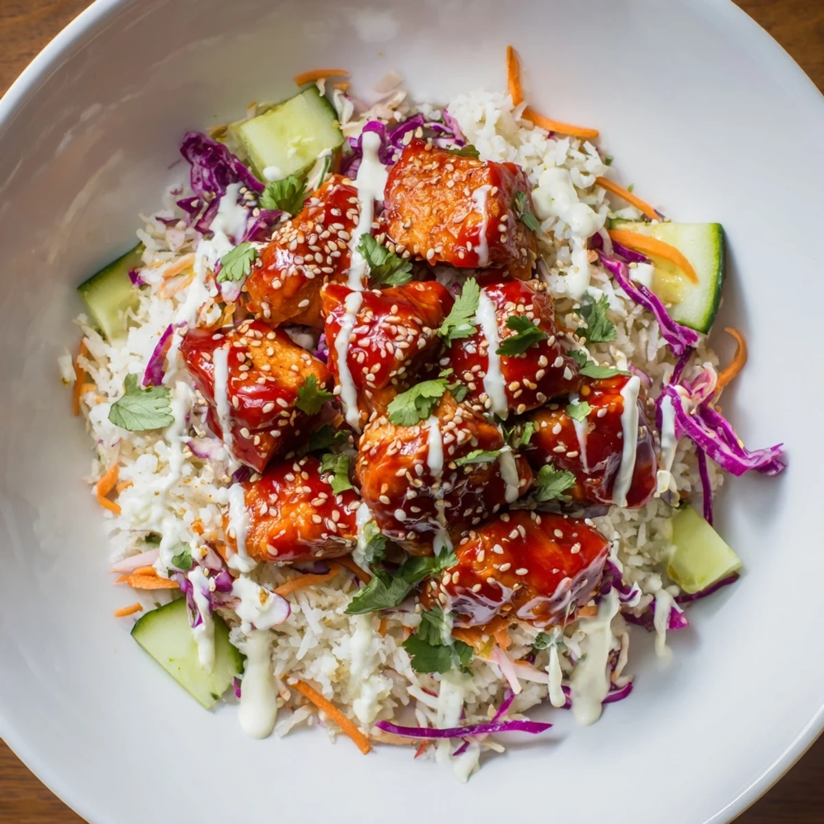 A serving of the Marry Me Sweet Chili Chicken Bowl with Coconut Lime Drizzle on a rustic table, showcasing vibrant purple cabbage and orange carrots beside a spoon ready to enjoy.