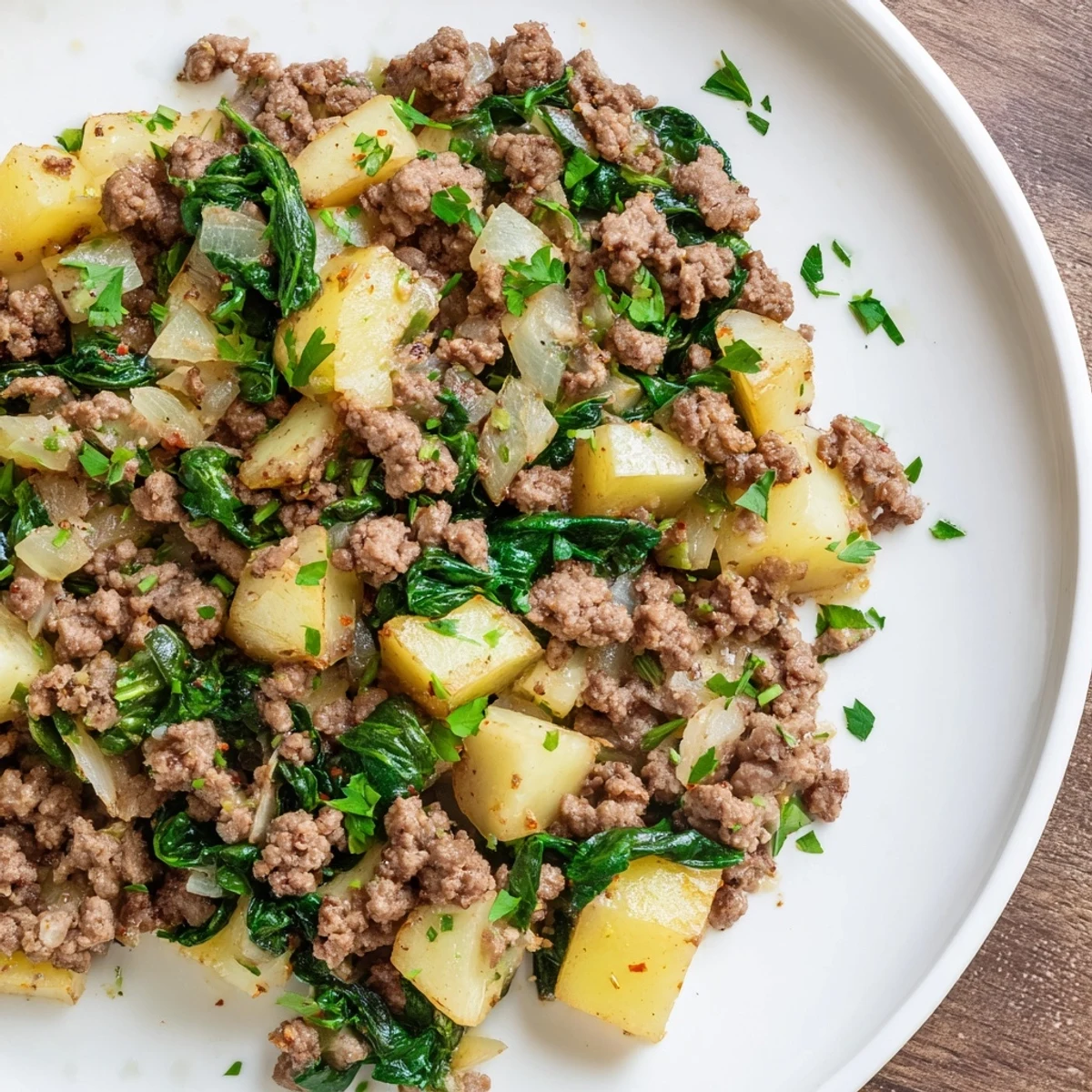 This rustic photo shows High Protein Ground Beef and Potatoes served hot, topped with melted cheddar cheese and a side salad.