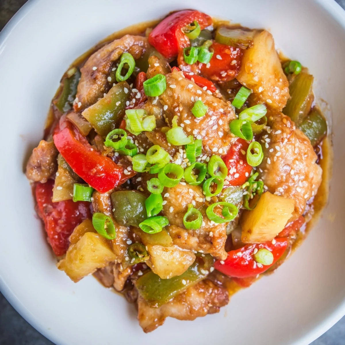 A close-up of tender slow cooker Hawaiian pineapple chicken with pineapple chunks and colorful peppers in the sauce.
