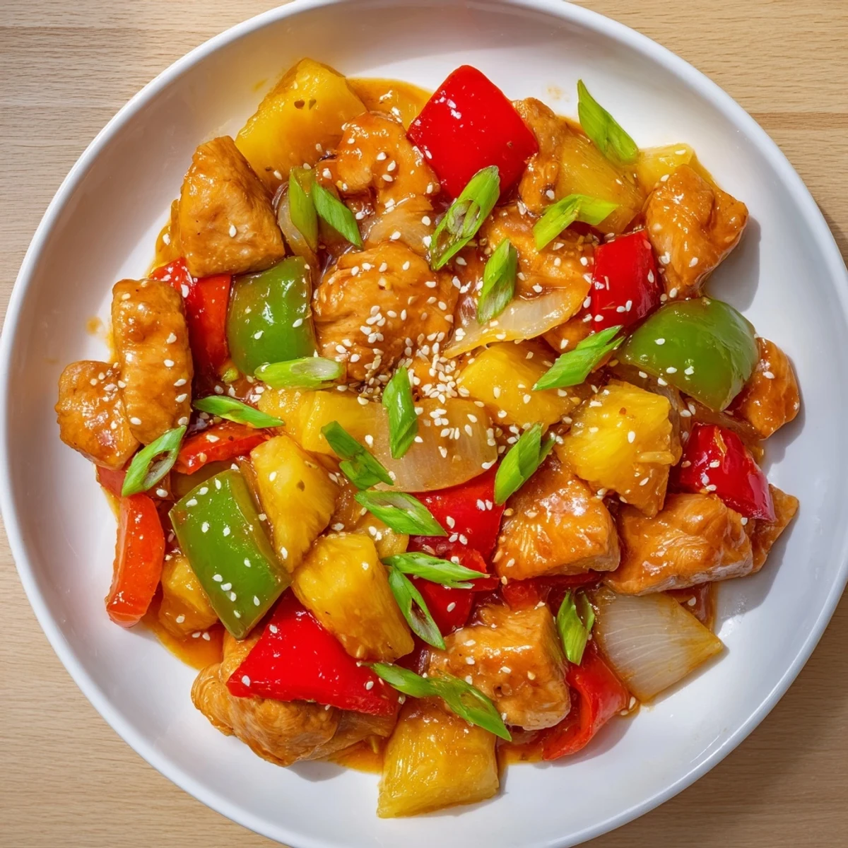 Golden slow cooker Hawaiian pineapple chicken served over fluffy rice, garnished with green onions and sesame seeds.