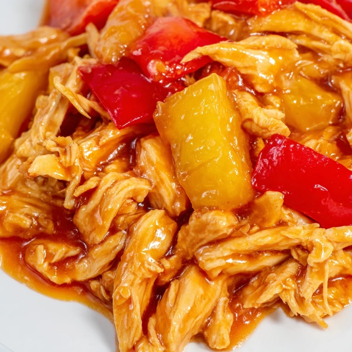 A slow cooker holds Sweet Hawaiian Crockpot Chicken with juicy pineapple chunks and red peppers on a rustic table.