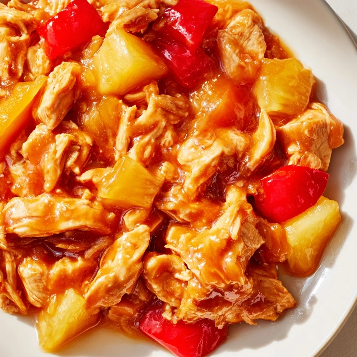 Tender chicken in a sweet pineapple glaze inside a crockpot, with peppers and onions in Sweet Hawaiian Crockpot Chicken.