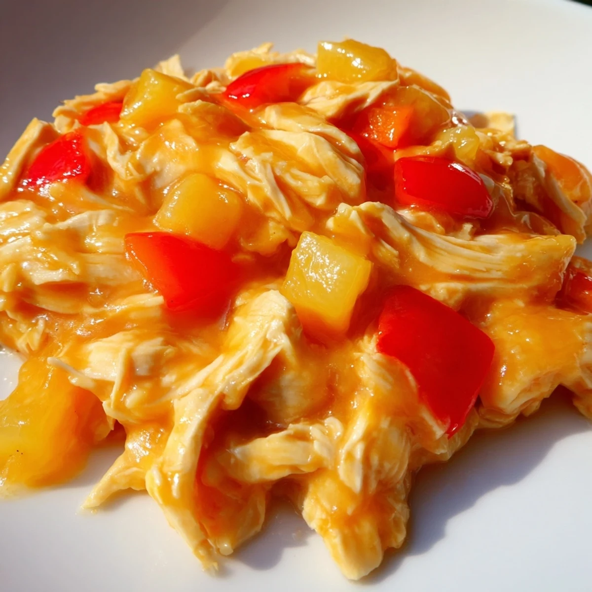 Bright and tangy Sweet Hawaiian Crockpot Chicken served over fluffy rice, garnished with green onions and sesame seeds.
