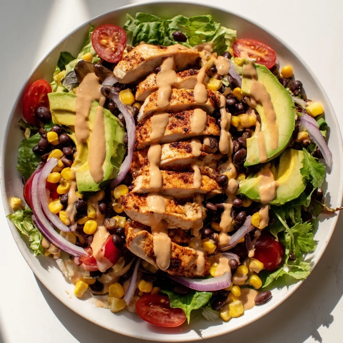 Freshly grilled Chipotle Lime Chicken Salad with creamy avocado slices on a bed of crisp greens, drizzled with tangy dressing.  